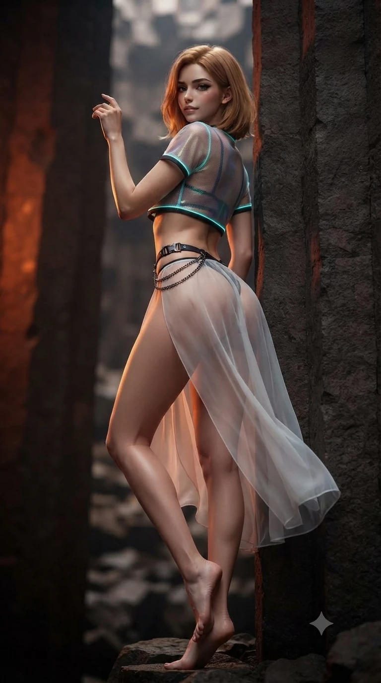 score_9, masterpiece, best quality, ultra-detailed, high-budget anime keyframe, editorial fashion photography, tasteful artistic composition, Korean woman. low angle full-body shot from head to toe showing her feet, filling the entire 9:16 vertical frame with her statuesque presence, stretching her vertical silhouette. executing a slow, elegant turn as her liquid gown flutters around her slender legs, glancing over her shoulder with an intoxicating bedroom-gaze while leaning against the towering vertical basalt column with hips cocked back, looking through lowered lashes with an enchanting, superior half-smile. The background shows a soft-focus volcanic subterranean cavern softened in geometric geological shallow focus. She has an absolutely perfect, statuesque 8.5-heads proportion, an exceptionally tall and slender model-like female figure with impossibly long slender legs, an ultra-slim waist, a flat toned midriff, narrow delicate ribcage, and beautifully sculpted feminine hips creating a graceful, slim hourglass silhouette without any bulky heaviness. sharp v-shaped jawline, high-bridge nose, intricate jewel-like dark sparkling eyes with hypnotic seductive depth, thick curled eyelashes, glossy parted lips with a natural wine sheen, alluring bedroom-eyes with an enigmatic smoldering smile, exuding magnetic sovereign charisma and dark avant-garde glamour, flawlessly proportioned anatomical accuracy, strict slender model proportions, natural body alignment, perfectly sculpted long slender limbs, ultra-slim waistline, clean dynamic posture without body distortion. wearing a translucent iridescent mesh swim crop top paired with high-cut string bikini bottoms and dark waist chains in neon cyan edge-glow and dark carbon black, made of sheer gossamer chiffon that drapes softly against skin with airy translucence, framed by dark titanium buckles and silver chain details, the liquid-tight tailored fabric clinging flawlessly to her narrow waist and rounded feminine hips, emphasizing every millimeter of her sculpted slim hourglass curves without any bulky heaviness. illuminated by volcanic stone bounce and sharp scarlet-amber rim lights defining her razor-sharp jawline, narrow waist, and curvy hips. ultra-reflective glossy finish, specular highlights, metallic sheen, high-contrast stereoscopic depth, volumetric dynamic lighting, 2k, ultra detail, master piece, 9:16 ratio