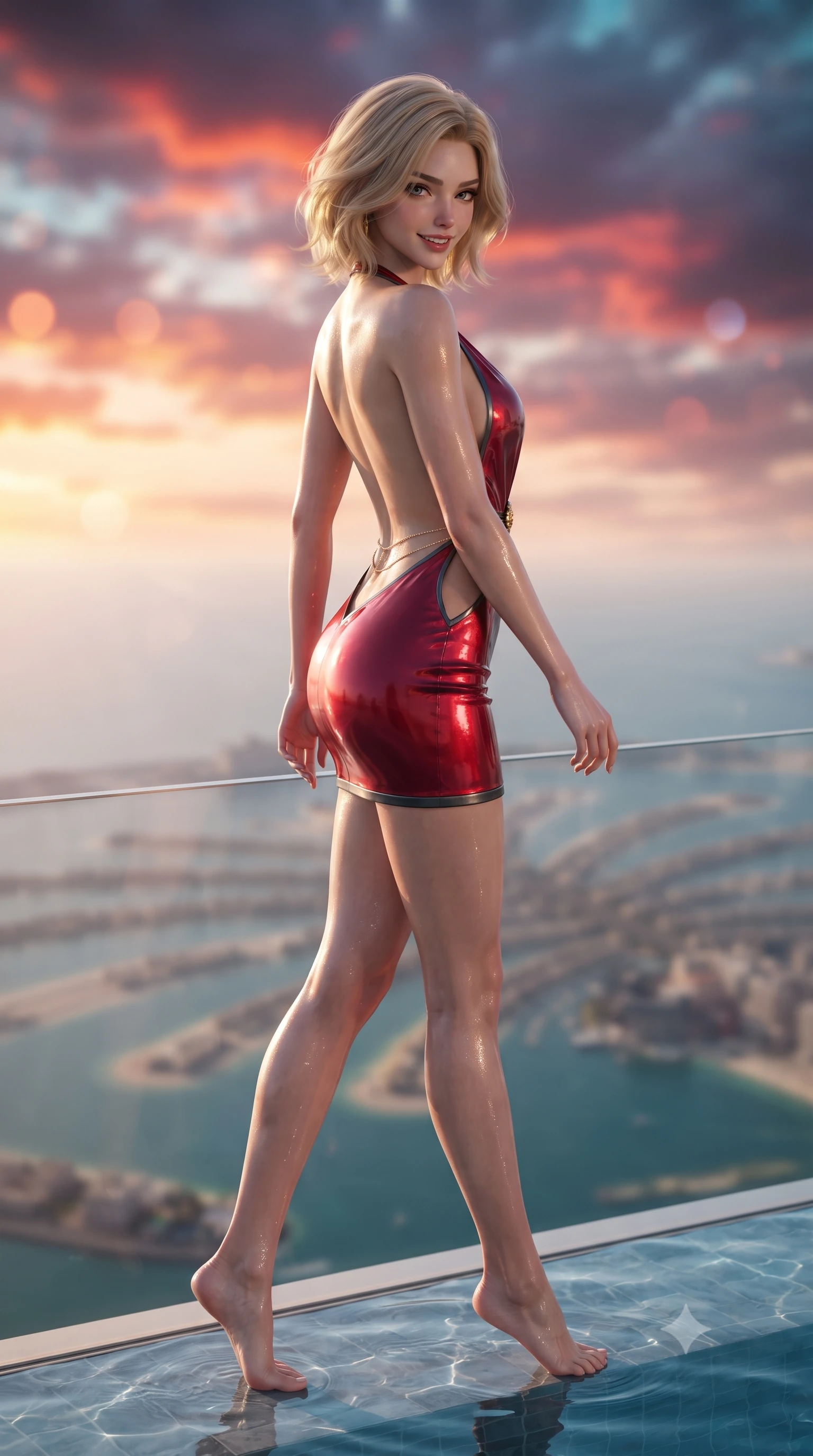 score_9, masterpiece, best quality, ultra-detailed, high-budget anime keyframe, editorial fashion photography, tasteful artistic composition, Caucasian woman. low angle full-body shot from head to toe showing her feet, filling the entire 9:16 vertical frame with her statuesque presence, stretching her vertical silhouette. walking along the terrace with poise, looking back over her bare shoulder with an irresistible smoldering bedroom-gaze while leaning over the vanishing glass infinity edge with hips cocked back, looking down at the coastline with intoxicating smoldering bedroom-eyes. The background shows a soft-focus sweeping Arabian Gulf coastline, Palm Jumeirah archipelago below, and fiery crimson-gold sunset cloudscape blurred into coral, turquoise, and violet bokeh. She has an exceptionally tall and slender model-like 8.5-heads proportion, an ultra-slim waist, a flat toned midriff, narrow delicate ribcage, and beautifully sculpted feminine hips creating a graceful, slim hourglass silhouette without any bulky heaviness, with impossibly long slender legs. sharp v-shaped jawline, high-bridge nose, intricate jewel-like sparkling eyes with depth, thick eyelashes, glossy parted lips with a natural peach sheen, bright cheerful beaming smile with an enchanting and coquettish sensual glint, exuding both youthful cute charm and seductive allure, flawlessly proportioned anatomical accuracy, strict slender model proportions, natural body alignment, perfectly sculpted long slender limbs, ultra-slim waistline, clean dynamic posture without body distortion. wearing a backless Grecian silk chiffon mini dress with a deep plunging V-neckline and gold waist brooch in rich ruby crimson and dark brushed titanium, crafted from high-tensile reflective patent leather with sleek specular highlights, accented with a dainty gold belly chain resting across her flat midriff and curving hips, the precision-cut side openings and low-back scoop framing her graceful spine and the sensual sweep of her slim, toned hips. illuminated by pool water caustics bounce and sharp molten-gold rim lights defining her razor-sharp jawline, narrow waist, and curvy hips. ultra-reflective glossy finish, specular highlights, rich textural contrasts, high-contrast stereoscopic depth, volumetric dynamic lighting, 2k, ultra detail, master piece, 9:16 ratio