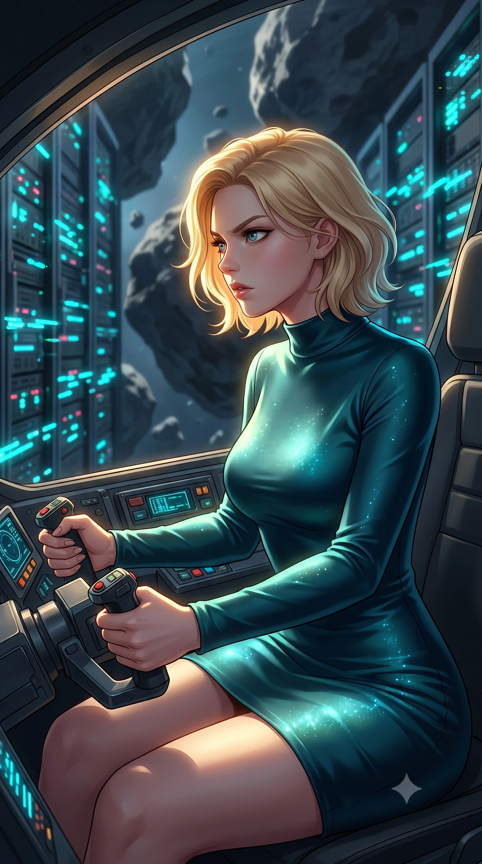 score_9, masterpiece, best quality, ultra-detailed, high-budget anime keyframe, editorial fashion photography, tasteful artistic composition, Caucasian woman, strictly human ears. close-up cowboy shot from the waist and thighs up, the character dominates the composition, filling the frame with her large presence, background elements kept in soft focus. Piloting a starfighter through a tight asteroid gap, hands tight on the flight yoke, looking sharply left. set against a soft-focus background of a server corridor where server racks are glitching, cyan light indicators pulsing rapidly in chaotic patterns. She has an exceptionally elegant and slender, willowy female figure with an ultra-slim waist, a gracefully sculpted slender torso, and a refined slim physique. sharp v-shaped jawline, high-bridge nose, intricate jewel-like eyes with depth, thick eyelashes, glossy lips with a natural sheen. wearing catching and diffusing the glowing particles, shimmering softly in response to the surrounding light, a tailored form-contouring mock-neck dress in sleek deep teal silk, highlighting her slender build and elegant proportions. highly saturated vibrant anime colors, intense vivid color palette, soft 3D volumetric shading, volumetric dynamic lighting, dramatic chiaroscuro with a single golden key light sculpting her silhouette. 2k, ultra detail, master piece, 9:16 ratio