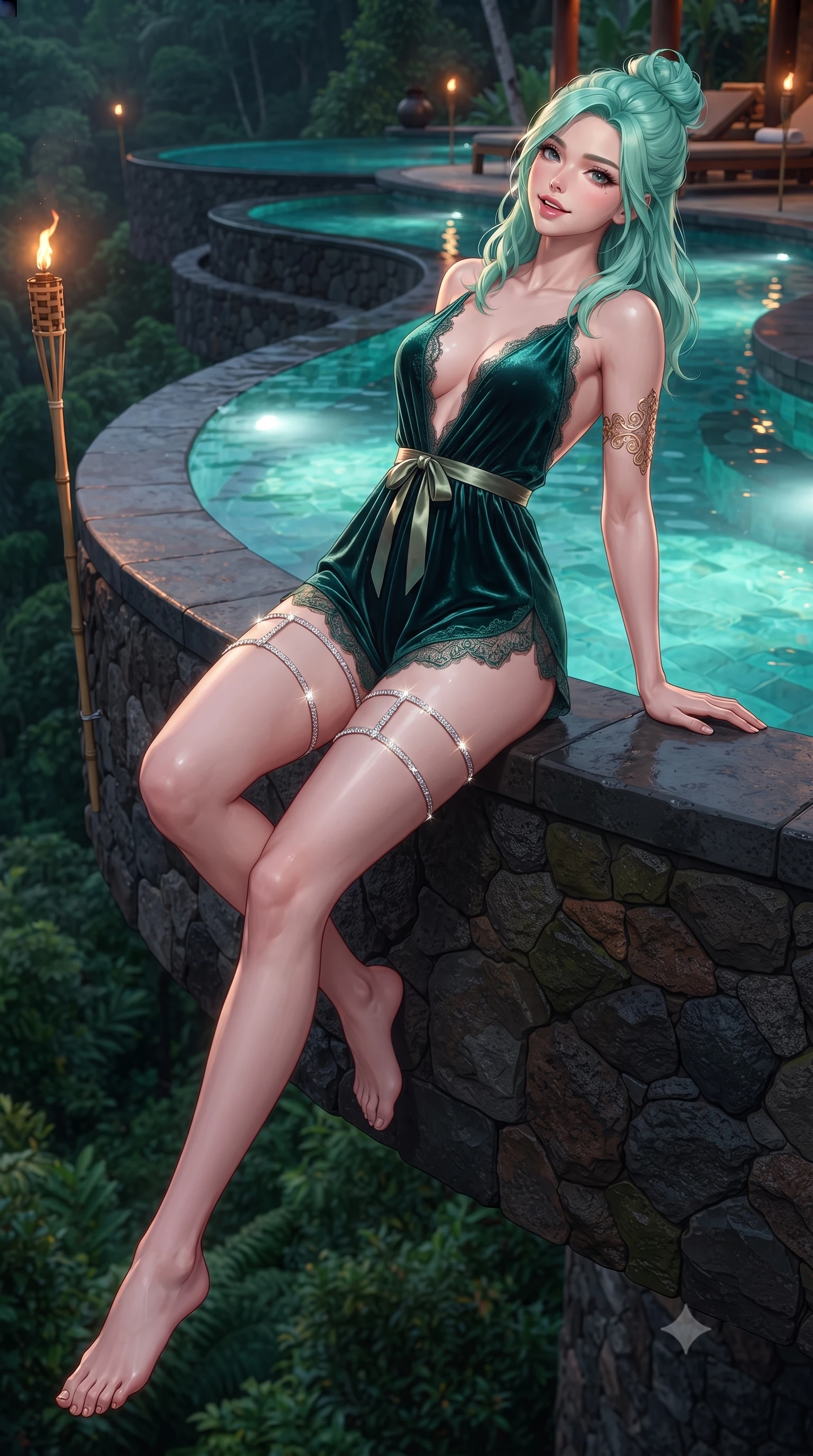 score_9, masterpiece, best quality, ultra-detailed, high-budget anime keyframe, editorial fashion photography, tasteful artistic composition, Japanese woman. low angle full-body shot from head to toe showing her feet, filling the entire 9:16 vertical frame with her statuesque presence, stretching her vertical silhouette. lounging on the lavish daybed with legs crossed and hips angled toward the camera, displaying her toned midriff and long slender limbs with effortless siren poise while standing poised on the cantilevered volcanic stone lip of the multi-tiered infinity pool jutting over the jungle abyss, arching her back with breathless siren daring. The surrounding environment is rendered in vivid detail and crisp panoramic clarity: detailed wet-look high-cut monokini cling, gold filigree armlet gleam, and tropical cantilever engineering in razor-sharp precision. She has an absolutely perfect, statuesque 8.5-heads proportion, an exceptionally tall and slender model-like female figure with impossibly long slender legs, an ultra-slim waist, a flat toned midriff, narrow delicate ribcage, and beautifully sculpted feminine hips creating a graceful, slim hourglass silhouette without any bulky heaviness. sharp v-shaped jawline, high-bridge nose, sparkling eyes with hypnotic seductive depth, thick curled eyelashes, glossy parted lips with a natural dewy peach sheen, alluring bedroom-eyes with an enchanting coquettish smile, exuding magnetic siren charisma and sophisticated glamour, flawlessly proportioned anatomical accuracy, strict slender model proportions, natural body alignment, perfectly sculpted long slender limbs, ultra-slim waistline, clean dynamic posture without body distortion. wearing a plunge-neck stretch velvet romper with scalloped eyelash-lace hems and a cinched waist ribbon in Monaco casino emerald and royal champagne, tailored from ultra-plush velvet with rich tactile depth and deep shadow gradients, finished with delicate crystal-encrusted thigh garter straps glinting in the dim light, the glove-like clinging cut tightly following the natural contour of her hips and long slender legs with youthful 8.5-heads elegance. bathed in glowing underwater turquoise pool illumination contrasting with the warm amber flicker of bamboo torches. ultra-reflective glossy finish, specular highlights, rich textural contrasts, high-contrast stereoscopic depth, volumetric dynamic lighting, 2k, ultra detail, master piece, 9:16 ratio