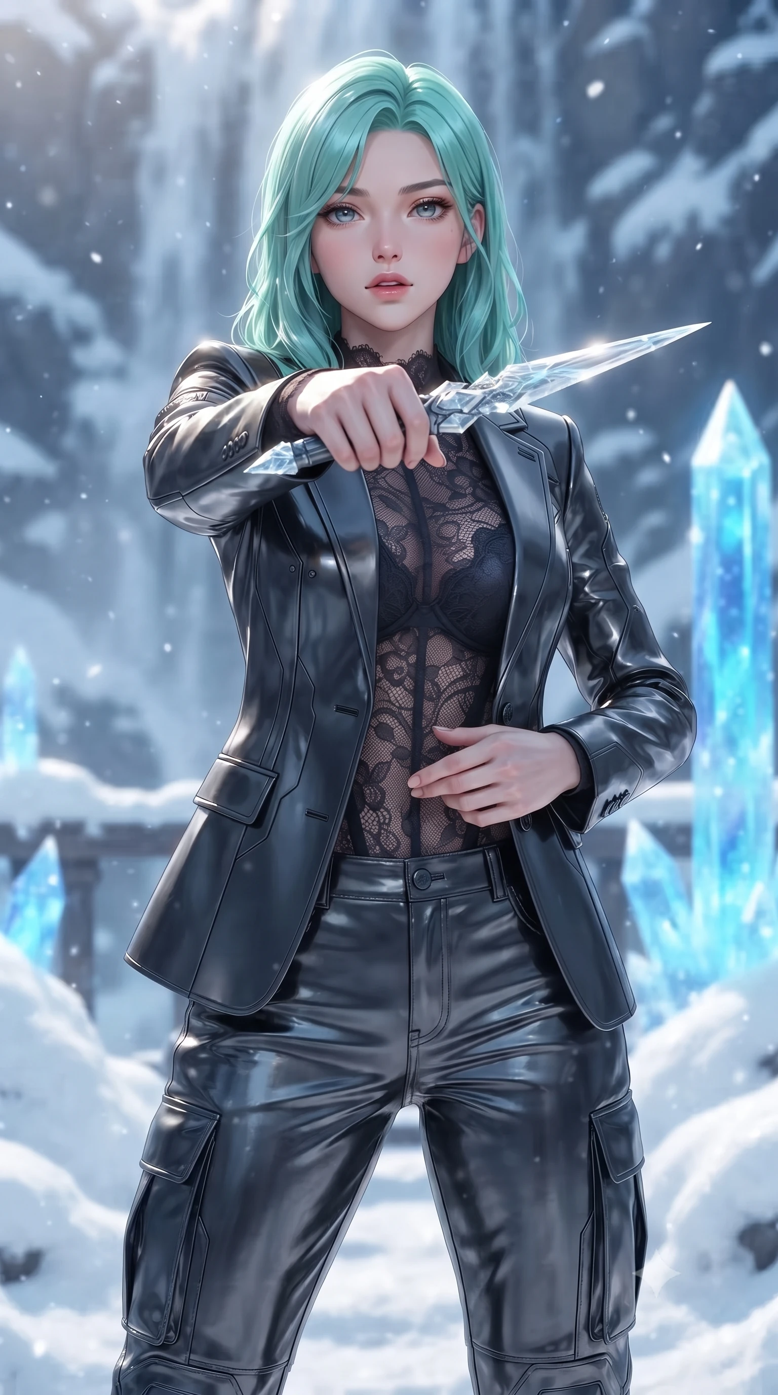 score_9, masterpiece, best quality, ultra-detailed, high-budget anime keyframe, editorial fashion photography, tasteful artistic composition, Japanese woman. close-up cowboy shot from the waist and thighs up, the character dominates the composition, filling the frame with her large presence, background elements kept in soft focus. pointing a crystal-edged laser dagger forward in a defensive stance, tilting her chin up slightly with lips parted in a composed pose, the background shows a soft-focus a waterfall peak deck with snow drifts and blue quartz pillars. She has an exceptionally elegant, slender, and willowy female figure with an ultra-slim waist, a gracefully sculpted slender torso, and a refined silhouette. sharp v-shaped jawline, high-bridge nose, intricate jewel-like eyes with depth, thick eyelashes, glossy lips with a natural sheen. wearing a slim-fit semi-opaque dark lace bodysuit worn under a tailored open carbon-plated blazer and cargo pants. bright morning starlight highlighting white snow and blue crystal in vivid tones. ultra-reflective glossy finish, specular highlights, metallic sheen, high-contrast stereoscopic depth, volumetric dynamic lighting, 2k, ultra detail, master piece, 9:16 ratio