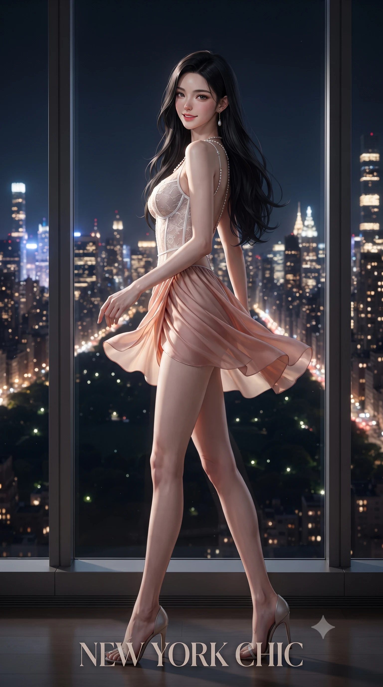 score_9, masterpiece, best quality, ultra-detailed, high-budget anime keyframe, editorial fashion photography, tasteful artistic composition, Korean woman. low angle full-body shot from head to toe showing her feet, filling the entire 9:16 vertical frame with her statuesque presence, stretching her vertical silhouette. executing a slow, graceful pivot turn as her skirt sways around her slender legs, glancing back with an enchanting, teasing sensual expression while standing poised beside the iconic 10-foot square picture window 1,000 feet above Manhattan, arching her spine with sovereign supermodel allure as the illuminated grid sparkles. The background shows a soft-focus monumental dark rectangle of Central Park bordered by glittering Fifth Avenue and Central Park West streetlights, skyscraper crowns, and midnight sky blurred into electric gold, platinum, and cobalt bokeh. She has an exceptionally tall and slender model-like 8.5-heads proportion, an ultra-slim waist, a flat toned midriff, narrow delicate ribcage, and beautifully sculpted feminine hips creating a graceful, slim hourglass silhouette without any bulky heaviness, with impossibly long slender legs. sharp v-shaped jawline, high-bridge nose, intricate jewel-like sparkling eyes with depth, thick eyelashes, glossy parted lips with a natural peach sheen, bright cheerful beaming smile with an enchanting and coquettish sensual glint, exuding both youthful cute charm and seductive allure, flawlessly proportioned anatomical accuracy, strict slender model proportions, natural body alignment, perfectly sculpted long slender limbs, ultra-slim waistline, clean dynamic posture without body distortion. wearing a sculpted underwire corset in semi-sheer snow-white lace paired with an ultra-short draped chiffon tulip skirt in Bel Air sunset rose gold and dewy alabaster, made of sheer gossamer chiffon that drapes softly against skin with airy translucence, accented with a pearl-drop body harness subtly framing her dewy collarbones and spine, the precision-cut side openings and low-back scoop framing her graceful spine and the sensual sweep of her slim, toned hips. illuminated by window glass specular bounce and sharp platinum rim lights defining her dewy collarbones, ultra-slim waist, and curvy hips. ultra-reflective glossy finish, specular highlights, rich textural contrasts, high-contrast stereoscopic depth, volumetric dynamic lighting, 2k, ultra detail, master piece, 9:16 ratio