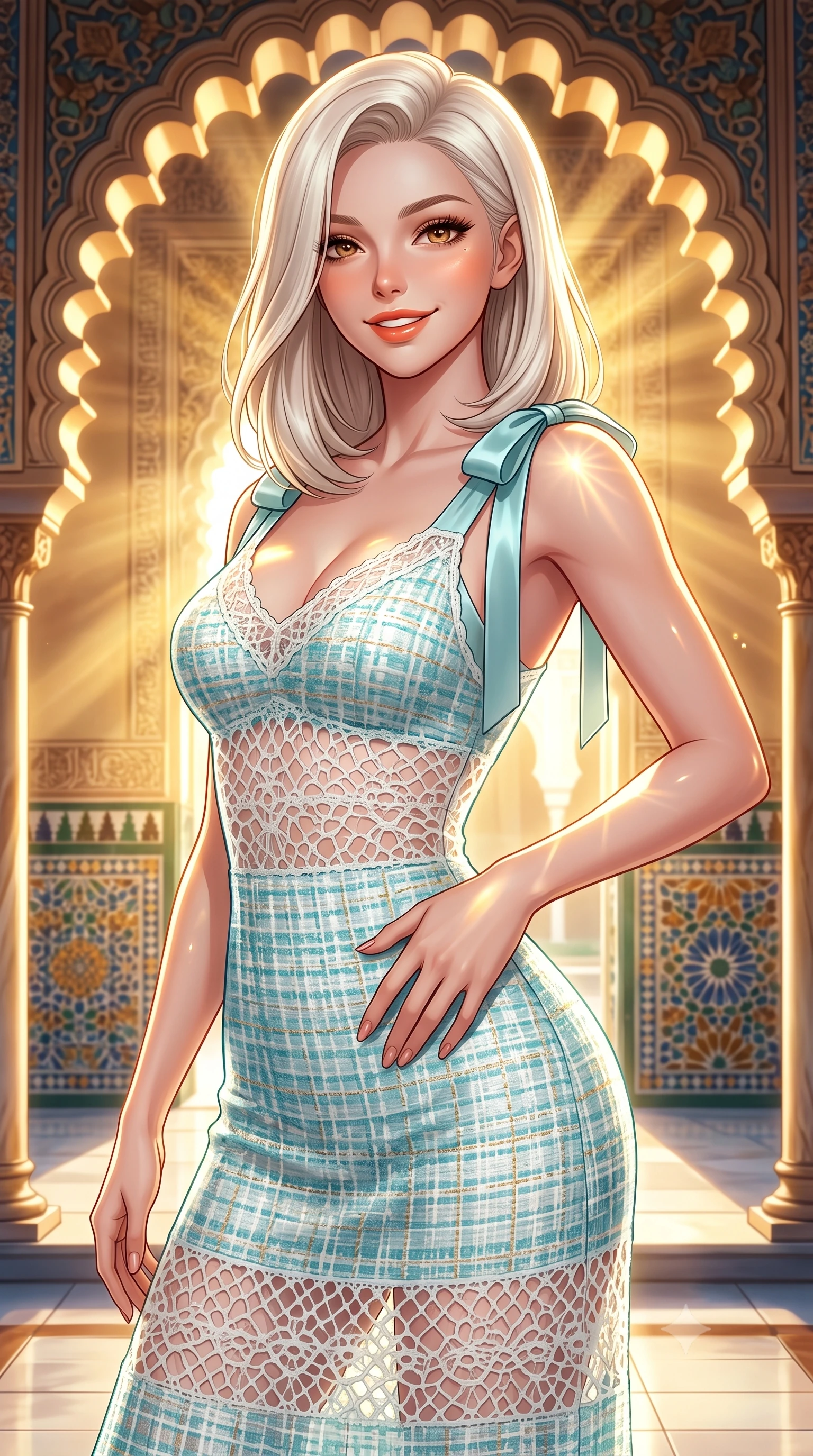 score_9, masterpiece, best quality, ultra-detailed, high-budget anime keyframe, semi-realistic 3D game render, editorial fashion photography, tasteful artistic composition, Caucasian woman. close-up cowboy shot from the waist and thighs up, the character dominates the composition, filling the frame with her large presence. tilting her head with a cute beaming smile while arching her spine with effortless dancer poise, one hand sliding along her hip line in a flirtatious S-curve while twisting her slender torso in an alluring contrapposto stance, Moorish tile reflections and golden sunbeams playing across her narrow waist and hips. The surrounding environment is rendered in vivid detail and crisp panoramic clarity. detailed resort gown drape, sunburst highlights on skin, and Royal Alcázar architecture in razor-sharp clarity. She has an exceptionally elegant, slender, and willowy female figure with an ultra-slim waist, flat toned midriff, narrow ribcage, and sculpted feminine hips creating an alluring, slim hourglass silhouette without bulk. sharp v-shaped jawline, high-bridge nose, sparkling amber-hazel eyes with depth, long lush eyelashes, glossy sun-kissed lips with a warm coral glaze, radiant teasing smile with sensual sunlit bedroom-eyes, exuding effortless old-money elegance and intoxicating sun-drenched allure, flawlessly proportioned anatomical accuracy, strict slender model proportions, natural body alignment, perfectly sculpted long slender limbs, ultra-slim waistline, clean dynamic posture without body distortion. wearing a sheer crochet lace maxi dress layered over a matching silk slip, accentuating her narrow waist and rounded hips in refreshing Aegean turquoise and crisp sea-salt white, tailored from soft pastel resort tweed with subtle gold thread shimmer, finished with cute satin bow ribbons tying at the shoulders, the form-fitting cut adhering flawlessly to her sculpted flat midriff and slender torso, emphasizing her long leg lines and perfectly proportioned willowy build. bathed in dramatic Andalusian late-afternoon golden hour sunlight streaming through scalloped arches. highly saturated vibrant anime colors, detailed shading with soft gradients, rich glossy textures, high-contrast stereoscopic depth, volumetric dynamic lighting, master piece, 9:16 ratio