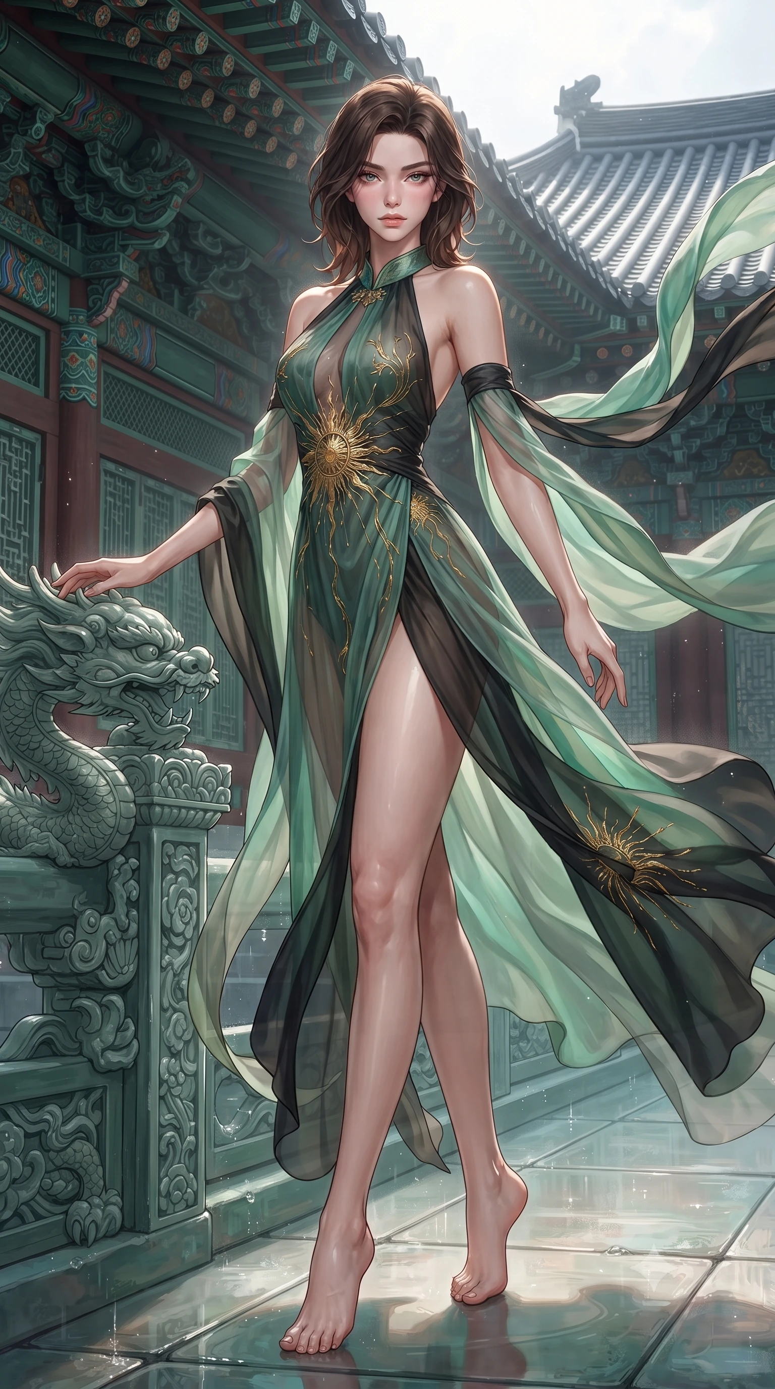score_9, masterpiece, best quality, ultra-detailed, high-budget anime keyframe, editorial fashion photography, tasteful artistic composition, Korean woman. low angle full-body shot from head to toe showing her feet, filling the entire 9:16 vertical frame with her statuesque presence, stretching her vertical silhouette. landing lightly on the balls of her feet in a balanced kinetic stance, eyes locked onto the camera with fearless allure while resting one hand on an ornate carved jade dragon railing, looking into the lens with a piercing, majestic gaze. The surrounding environment is rendered in vivid detail and crisp panoramic clarity. detailed mineral spring caustics, architectural bracket systems, and silk embroidery in high clarity. She has an absolutely perfect, statuesque 8.5-heads proportion, an exceptionally tall and slender model-like female figure with impossibly long slender legs, a toned flat midriff, and an ultra-slim waist. sharp v-shaped jawline, high-bridge nose, intricate jewel-like eyes with depth, thick eyelashes, glossy lips with a natural sheen, captivating and magnetic expression, flawlessly proportioned anatomical accuracy, strict slender model proportions, natural body alignment, perfectly sculpted long slender limbs, ultra-slim waistline, clean dynamic posture without body distortion. wearing a celestial priestess halter gown with golden sunburst embroidery and sheer leg veils in jade green and dark obsidian, crafted from sheer cascading chiffon that ripples like water, complemented by long flowing silk arm ribbons that float weightlessly in the air, the sleek tailored cut tightly hugging her graceful clavicle, narrow waist, and feminine curves with statuesque precision. illuminated by wet reflective highlights defining her sculpted neck, waistline, and slender legs. ultra-reflective glossy finish, specular highlights, rich textural contrasts, high-contrast stereoscopic depth, volumetric dynamic lighting, 2k, ultra detail, master piece, 9:16 ratio