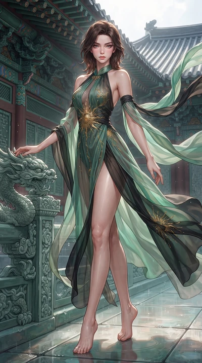 score_9, masterpiece, best quality, ultra-detailed, high-budget anime keyframe, editorial fashion photography, tasteful artistic composition, Korean woman. low angle full-body shot from head to toe showing her feet, filling the entire 9:16 vertical f