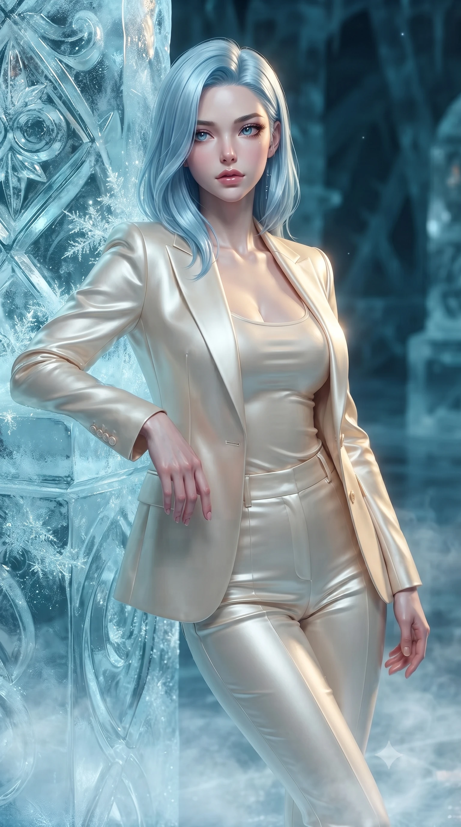 score_9, masterpiece, best quality, ultra-detailed, high-budget anime keyframe, editorial fashion photography, tasteful artistic composition, Korean woman. close-up cowboy shot from the waist and thighs up, the character dominates the composition, filling the frame with her large presence, background elements kept in soft focus. Gazing past the camera with an air of effortless elegance and mysterious confidence resting against a carved ice pillar as crystalline frost sparkles around her, sub-zero mist drifting across the reflective ice floor. She has an exceptionally elegant, slender, and willowy female figure with an ultra-slim waist, a gracefully sculpted slender torso, and a refined silhouette. sharp v-shaped jawline, high-bridge nose, intricate jewel-like eyes with depth, thick eyelashes, glossy lips with a natural sheen. wearing a tailored cream silk blazer over a form-contouring scoop-neck top and fitted trousers, the glove-like fit emphasizing her statuesque silhouette. lit by a dramatic clash of icy cyan neon and warm golden internal core light. ultra-reflective glossy finish, specular highlights, metallic sheen, high-contrast stereoscopic depth, volumetric dynamic lighting, 2k, ultra detail, master piece, 9:16 ratio