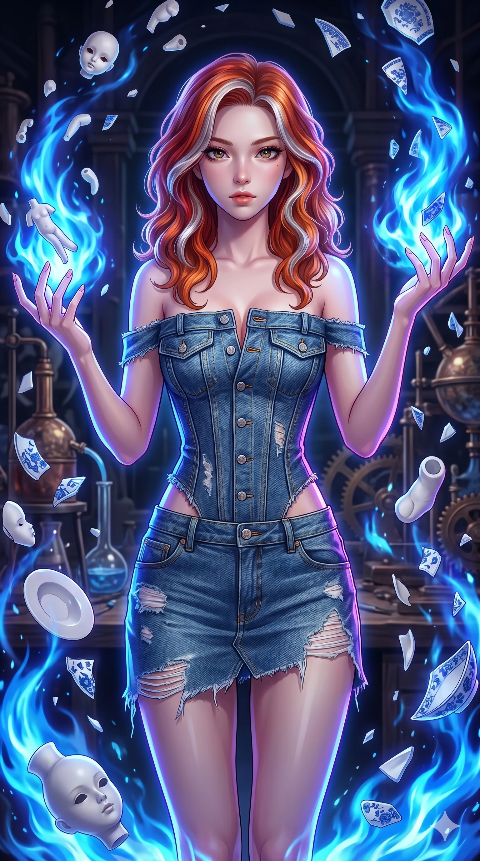 score_9, masterpiece, best quality, ultra-detailed, high-budget anime keyframe, Japanese woman. upper body close-up from the thighs up, character filling the screen for maximum presence. assisting in an alchemical porcelain workshop where floating white bisque doll parts and blue porcelain shards swirl amidst blue alchemical flames. She has an absolutely perfect 8-heads proportion, an exceptionally tall and slender female figure with impossibly long slender legs and an ultra-slim waist. V-shaped jawline, high-bridge nose, intricate jewel-like eyes with depth, thick eyelashes, glossy lips with a natural sheen.. wearing a deconstructed denim corset and an asymmetric ripped denim micro-skirt, showcasing a rugged yet chic off-shoulder style. bathed in brilliant cinematic volumetric lighting and intense neon rim light highlighting her slender form. 2k, ultra detail, master piece, 9:16 ratio