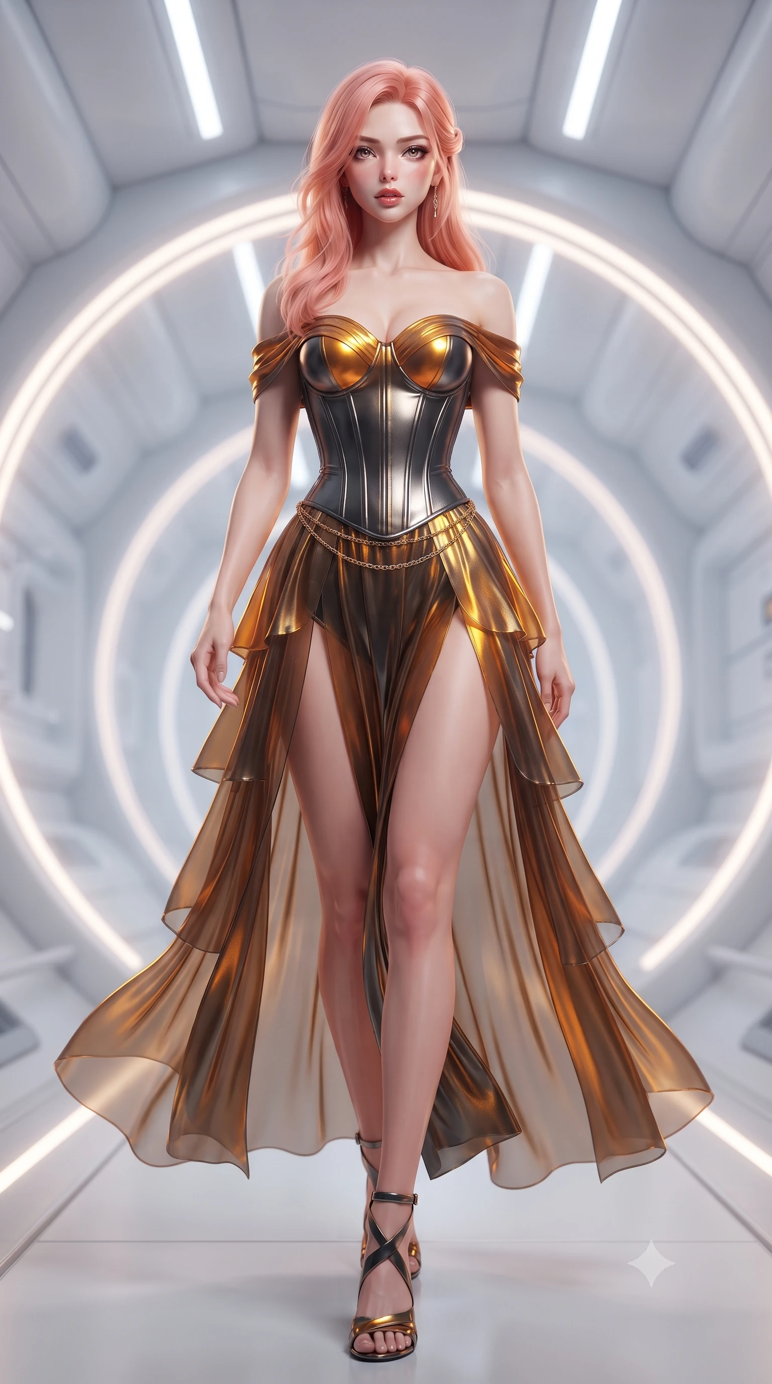 score_9, masterpiece, best quality, ultra-detailed, high-budget anime keyframe, editorial fashion photography, tasteful artistic composition, Japanese woman. low angle full-body shot from head to toe showing her feet, filling the entire 9:16 vertical frame with her statuesque presence, stretching her vertical silhouette. striding forward in a proud supermodel runway stride, hips swaying in an alluring kinetic rhythm that accentuates her curvy hourglass silhouette while pivoting gracefully along the illuminated orbital corridor, her liquid metallic garments clinging to her sculpted flat midriff and feminine hips. The composition keeps background elements in soft focus with creamy bokeh. sleek white space station bulkheads and glowing telemetry rings softened in futuristic shallow focus. She has an exceptionally tall and slender model-like 8.5-heads proportion, an ultra-slim waist, a flat toned midriff, narrow delicate ribcage, and beautifully sculpted feminine hips creating a graceful, slim hourglass silhouette without any bulky heaviness, with impossibly long slender legs. sharp v-shaped jawline, high-bridge nose, intricate jewel-like eyes with depth, thick eyelashes, glossy parted lips with a natural sheen, intensely captivating and seductive bedroom-eyes expression, flawlessly proportioned anatomical accuracy, strict slender model proportions, natural body alignment, perfectly sculpted long slender limbs, ultra-slim waistline, clean dynamic posture without body distortion. wearing an off-shoulder French court corset bodice dress paired with a tiered translucent chiffon slit skirt in molten amber-gold and dark gunmetal, crafted from luxurious metallic lamé that shifts radiance with every step, accented with a delicate gold chain belt resting loosely on her curvy hips, the second-skin form-contouring cut accentuating her sculpted flat midriff, narrow delicate ribcage, and gracefully curvy hips with supermodel precision. illuminated by sleek metallic specular reflections sharply defining her bare collarbones, ultra-slim waist, and curvy hips. ultra-reflective glossy finish, specular highlights, rich textural contrasts, high-contrast stereoscopic depth, volumetric dynamic lighting, 2k, ultra detail, master piece, 9:16 ratio