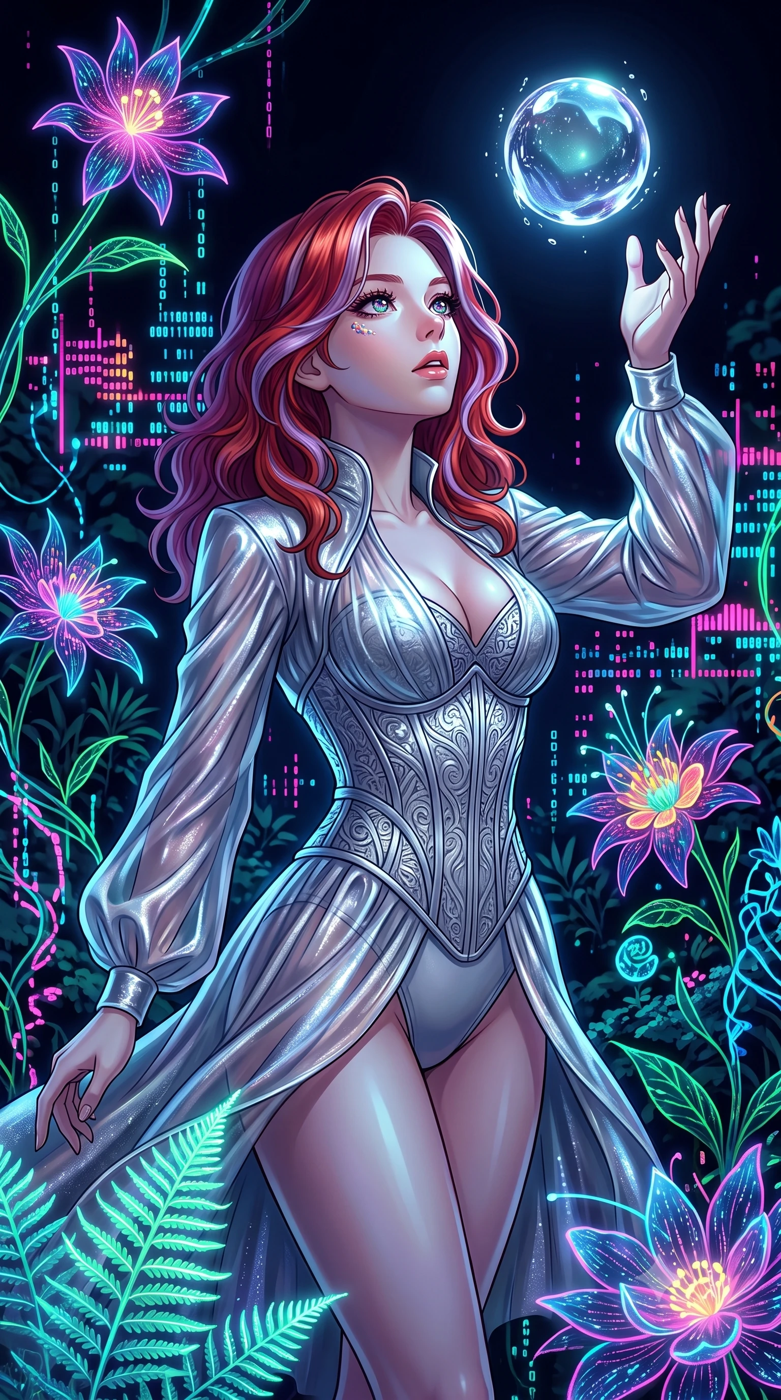 score_9, masterpiece, best quality, ultra-detailed, High-budget Anime Keyframe, Caucasian woman, strictly human ears. Low angle cowboy shot filling the entire 9:16 frame with her statuesque presence. Scenario 475: reaching out to catch a floating sphere of liquid light in a virtual garden where neon flowers bloom in the dark. Her presence is magnetic and overpowering in this high-budget anime scene. Outfit 475: a form-contouring liquid silver shimmering chiffon jacket layered over a structured corset bodice. The clothing is designed to emphasize her exceptionally tall and slender 8-heads proportion. 8-heads proportion, towering silhouette, ultra-slim waist. sharp v-shaped jawline, intricate jewel-like eyes with depth, thick eyelashes, glossy lips. 2k, ultra detail, master piece, 9:16 ratio