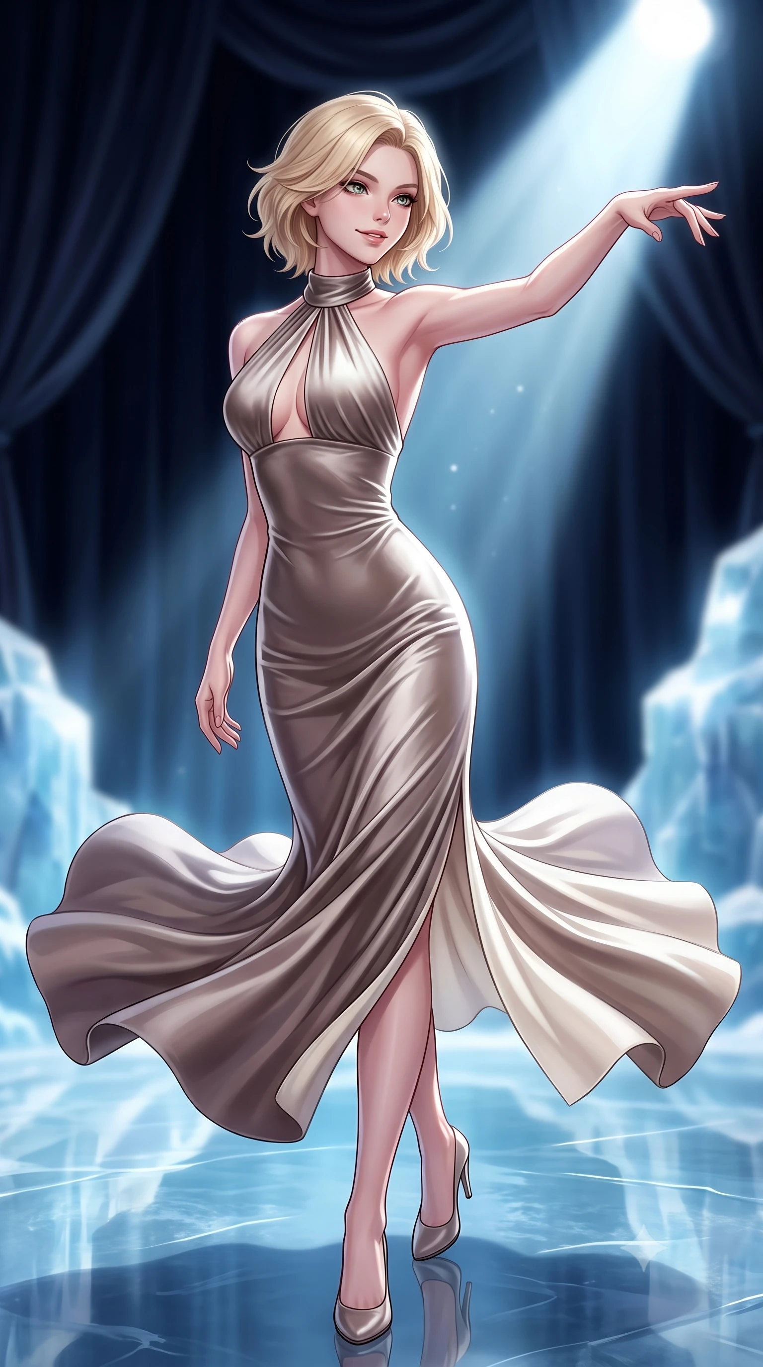 score_9, masterpiece, best quality, ultra-detailed, high-budget anime keyframe, editorial fashion photography, tasteful artistic composition, Caucasian woman. close-up cowboy shot from the waist and thighs up, the character dominates the composition, filling the frame with her large presence, background elements kept in soft focus. Extending one arm in an elegant stretch toward the light while smiling with magnetic self-assurance while pivoting in a mid-stride turn while her velvet gown swirls over a glacial mirror floor, dramatic opera spotlights casting sharp dynamic shadows across the frozen stage. She has an exceptionally elegant, slender, and willowy female figure with an ultra-slim waist, a gracefully sculpted slender torso, and a refined silhouette. sharp v-shaped jawline, high-bridge nose, intricate jewel-like eyes with depth, thick eyelashes, glossy lips with a natural sheen, flawlessly proportioned anatomical accuracy, natural body alignment, perfectly sculpted elegant limbs, clean dynamic posture without body distortion. wearing a velvet halter-neck midi dress following her form like a glove in muted taupe and soft ivory, crafted from lustrous satin jersey with fluid draping, accented with a Tasteful chest slit framing her clavicle gracefully, the sleek second-skin texture accentuating her magnetic presence. surrounded by a high-contrast icy luminescence and deep velvet shadows. highly saturated vibrant anime colors, detailed shading with soft gradients, rich glossy textures, high-contrast stereoscopic depth, volumetric dynamic lighting, master piece, 9:16 ratio