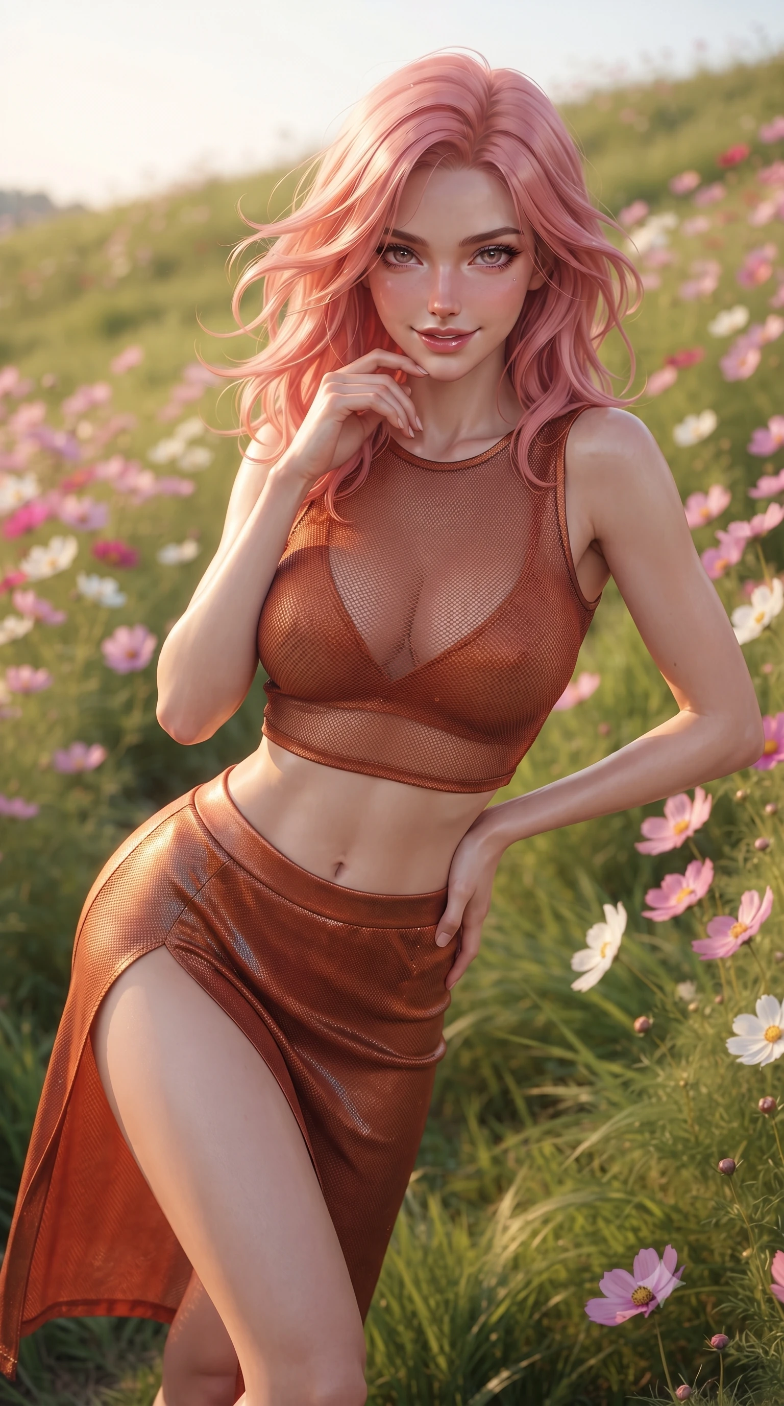 score_9, masterpiece, best quality, ultra-detailed, high-budget anime keyframe, editorial fashion photography, tasteful artistic composition, Japanese woman woman. close-up cowboy shot from the waist and thighs up, the character dominates the composition, filling the frame with her large presence, background elements kept in soft focus. leaning slightly forward with a playful, teasing smile, her gaze locked onto the viewer the background shows a soft-focus a grassy hill covered in pink and white cosmos flowers swaying in the wind. She has an exceptionally elegant, slender, and willowy female figure with an ultra-slim waist, a gracefully sculpted slender torso, and a refined silhouette. sharp v-shaped jawline, high-bridge nose, intricate jewel-like eyes with depth, thick eyelashes, glossy lips with a natural sheen. wearing a body-hugging semi-transparent mesh crop top in rust orange, paired with a high-slit skirt. warm late afternoon sun rays coloring the cosmos petals in vibrant tones. ultra-reflective glossy finish, specular highlights, metallic sheen, high-contrast stereoscopic depth, volumetric dynamic lighting, 2k, ultra detail, master piece, 9:16 ratio