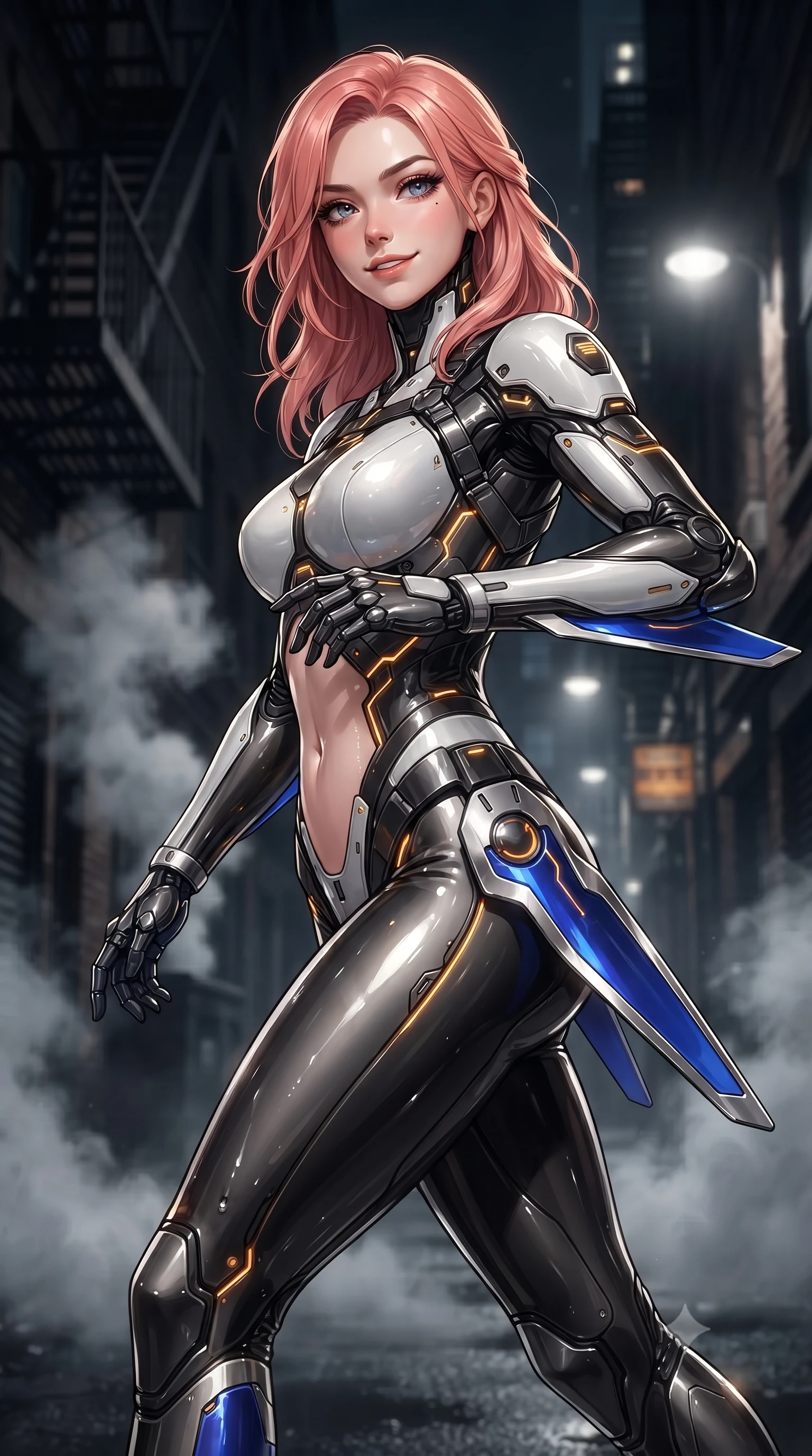score_9, masterpiece, best quality, ultra-detailed, high-budget anime keyframe, editorial fashion photography, tasteful artistic composition, Japanese woman. close-up cowboy shot from the waist and thighs up, the character dominates the composition, filling the frame with her large presence. resting one hand in a defensive deflective posture while glancing over her shoulder with thick eyelashes and a confident, smoldering combat half-smile while stepping forward through drifting sewer steam with a slow, predatory combat advance that commands total respect. The composition keeps background elements in soft focus with creamy bokeh. dark alleyway fire escapes and rising steam plumes softened in moody shallow focus. She has an exceptionally elegant, slender, and willowy female figure with an ultra-slim waist, a gracefully sculpted slender torso, toned flat midriff, and a refined slim silhouette. sharp v-shaped jawline, high-bridge nose, intricate jewel-like eyes with depth, thick eyelashes, glossy lips with a natural sheen, flawlessly proportioned anatomical accuracy, strict slender model proportions, natural body alignment, perfectly sculpted long slender limbs, ultra-slim waistline, clean dynamic posture without body distortion. wearing a high-contrast monochrome white-and-black carbon-composite exoskeleton suit with glowing amber circuitry and aerodynamic limb fins in electric cobalt blue carbon with polished platinum trim, formed from high-gloss patent carbon-plating with specular chiaroscuro reflections, reinforced by a sleek titanium kinetic harness and glowing micro-energy straps, the precision-cut daring openings accentuating her delicate midriff, graceful bare collarbones, and ultra-slim feminine waistline. illuminated by wet reflective highlights tracing her sculpted flat midriff, waist, and long legs. ultra-reflective glossy finish, specular highlights, dark metallic sheen, high-contrast stereoscopic depth, volumetric dynamic lighting, 2k, ultra detail, master piece, 9:16 ratio
