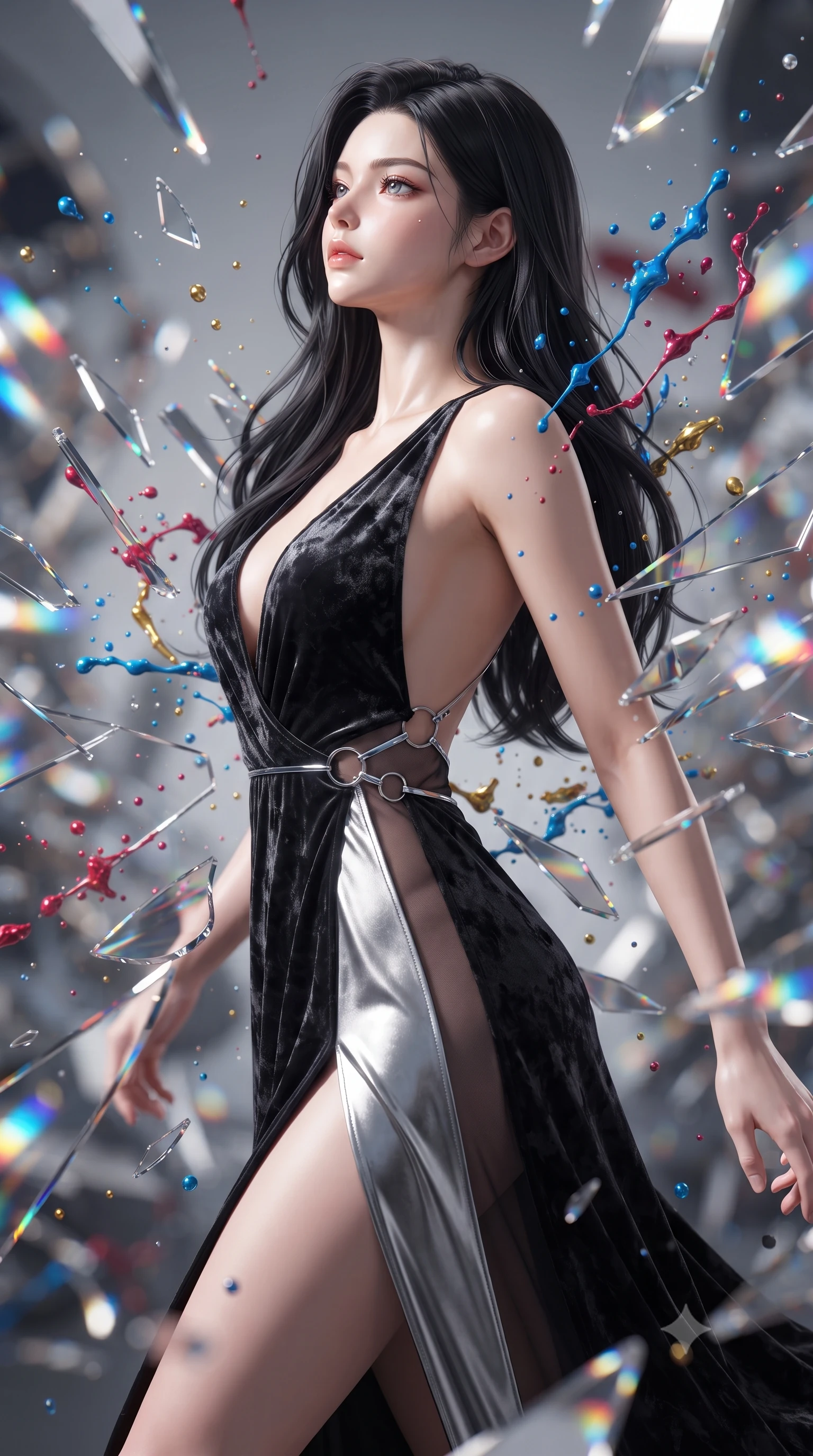 score_9, masterpiece, best quality, ultra-detailed, high-budget anime keyframe, editorial fashion photography, tasteful artistic composition, Korean woman. close-up cowboy shot from the waist and thighs up, the character dominates the composition, filling the frame with her large presence, background elements kept in soft focus. Tilting her chin up with an air of effortless superiority while balancing dynamically amidst the scene while turning in a sharp dynamic profile while surrounded by rotating shattered mirror shards, vibrant paint droplets frozen in time casting specular highlights. She has an exceptionally elegant, slender, and willowy female figure with an ultra-slim waist, a gracefully sculpted slender torso, and a refined silhouette. sharp v-shaped jawline, high-bridge nose, intricate jewel-like eyes with depth, thick eyelashes, glossy lips with a natural sheen, flawlessly proportioned anatomical accuracy, natural body alignment, perfectly sculpted elegant limbs, clean dynamic posture without body distortion. wearing a backless crushed velvet gown with a deep V-neckline and high thigh slit in matte black and polished silver, woven from fine semi-opaque sheer organza, accented with delicate chrome ring hardware framing her waist, the glove-like fit emphasizing her statuesque silhouette during motion. bathed in brilliant multi-color rainbow light refracting through mirror fragments. ultra-reflective glossy finish, specular highlights, metallic sheen, high-contrast stereoscopic depth, volumetric dynamic lighting, 2k, ultra detail, master piece, 9:16 ratio