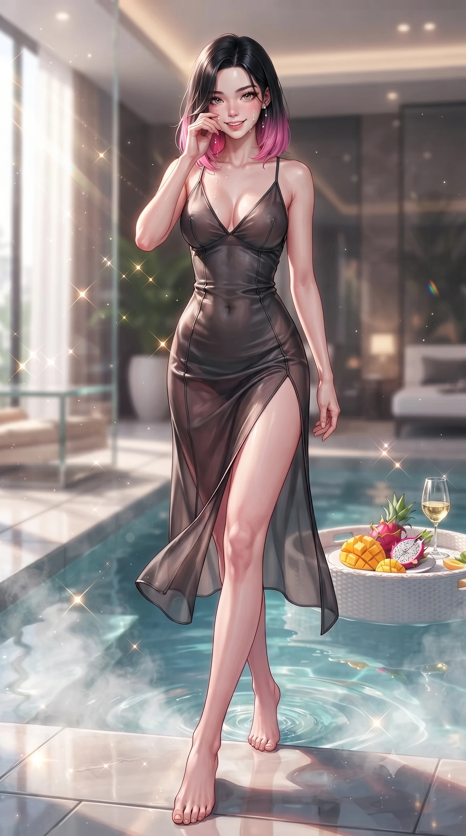 score_9, masterpiece, best quality, ultra-detailed, high-budget anime keyframe, editorial fashion photography, tasteful artistic composition, Korean woman. low angle full-body shot from head to toe showing her feet, filling the entire 9:16 vertical frame with her statuesque presence, stretching her vertical silhouette. stepping forward from the steamy pool edge, wiping away water droplets with a playful and sensual smile set against a soft-focus background of inside an exclusive cocktail lounge with a floating pool tray of tropical fruits and chilled wine in soft focus. She has an absolutely perfect, statuesque 8.5-heads proportion, an exceptionally tall and slender model-like female figure with impossibly long slender legs and an ultra-slim waist. sharp v-shaped jawline, high-bridge nose, intricate jewel-like eyes with depth, thick eyelashes, glossy lips with a natural sheen. wearing form-contouring charcoal sheer organza open-back silk slip dress featuring a deep V-neckline and a leg-lengthening side slit featuring refined tailored seams. lit by crisp morning sun rays creating sparkling glints on polished glass and water. highly saturated vibrant anime colors, detailed shading with soft gradients, rich glossy textures, high-contrast stereoscopic depth, volumetric dynamic lighting, master piece, 9:16 ratio