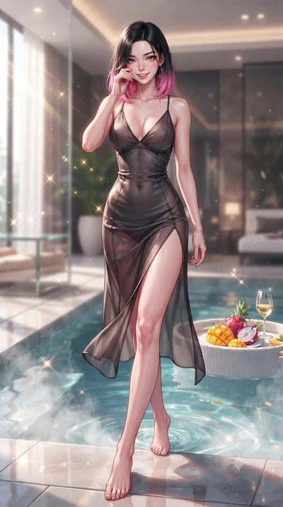 score_9, masterpiece, best quality, ultra-detailed, high-budget anime keyframe, editorial fashion photography, tasteful artistic composition, Korean woman. low angle full-body shot from head to toe showing her feet, filling the entire 9:16 vertical f