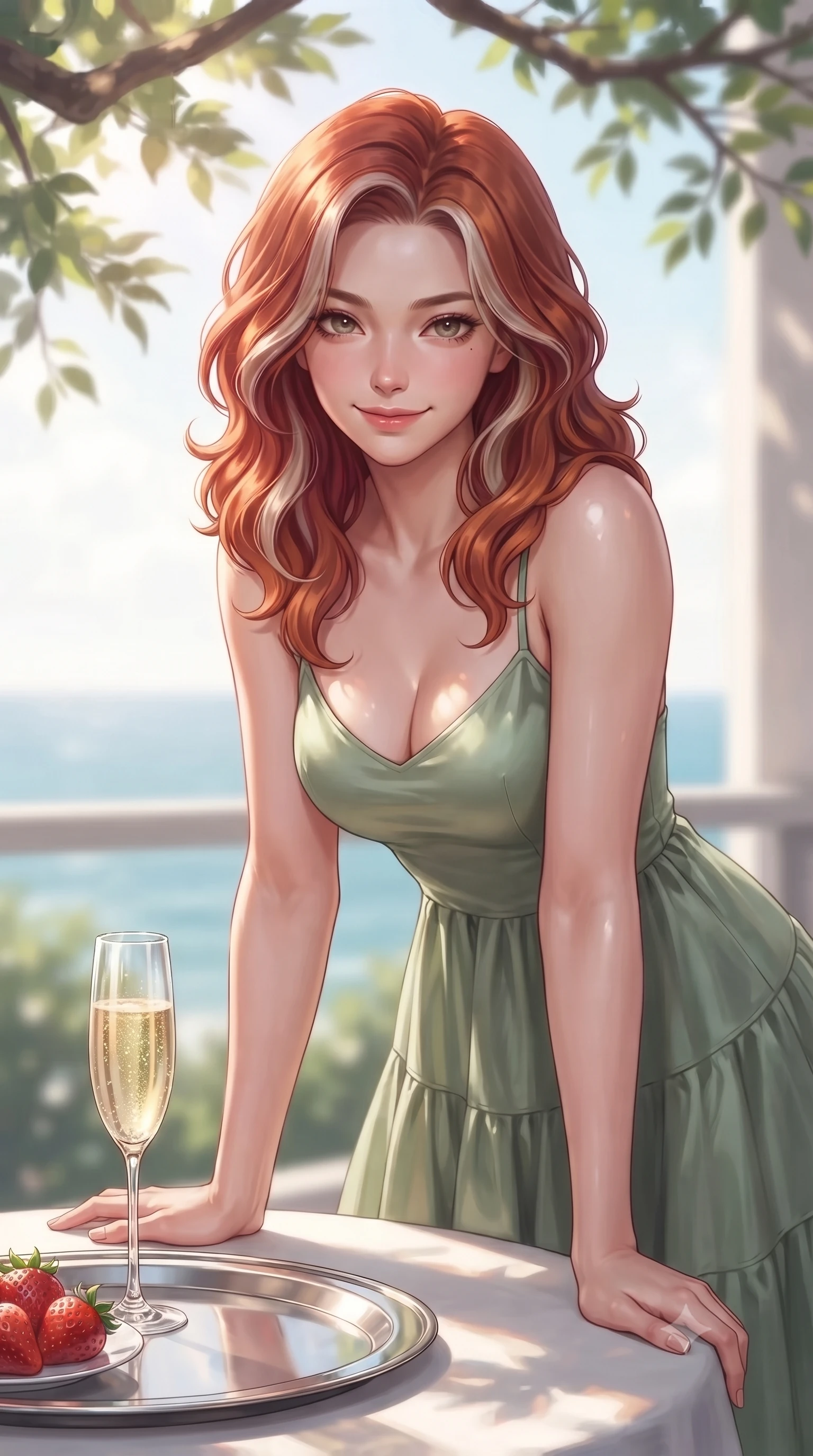 score_9, masterpiece, best quality, ultra-detailed, high-budget anime keyframe, editorial fashion photography, tasteful artistic composition, Caucasian woman. close-up cowboy shot from the waist and thighs up, the character dominates the composition, filling the frame with her large presence, background elements kept in soft focus. leaning slightly forward over the table with a playful, magnetic smile that locks direct eye contact set against a soft-focus background of inside an exclusive oceanfront balcony with a crystal glass of sparkling champagne and fresh strawberries on a silver tray. She has an exceptionally elegant, slender, and willowy female figure with an ultra-slim waist, a gracefully sculpted slender torso, and a refined silhouette. sharp v-shaped jawline, high-bridge nose, intricate jewel-like eyes with depth, thick eyelashes, glossy lips with a natural sheen. wearing form-contouring sage green liquid satin flowy linen sundress with a comfortable tiered skirt silhouette featuring refined tailored seams. highlighted by dappled sunlight filtering through leafy branches, creating soft organic patterns. highly saturated vibrant anime colors, detailed shading with soft gradients, rich glossy textures, high-contrast stereoscopic depth, volumetric dynamic lighting, master piece, 9:16 ratio