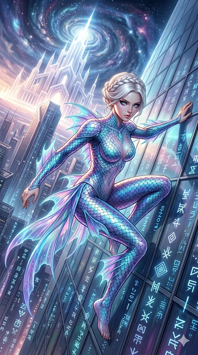 score_9, masterpiece, best quality, ultra-detailed, Set A: High-budget Anime Keyframe, Korean woman. Upper body close-up from the thighs up, character filling the screen for maximum presence. Theme: Abstract Cosmic. sliding down a glass skyscraper in