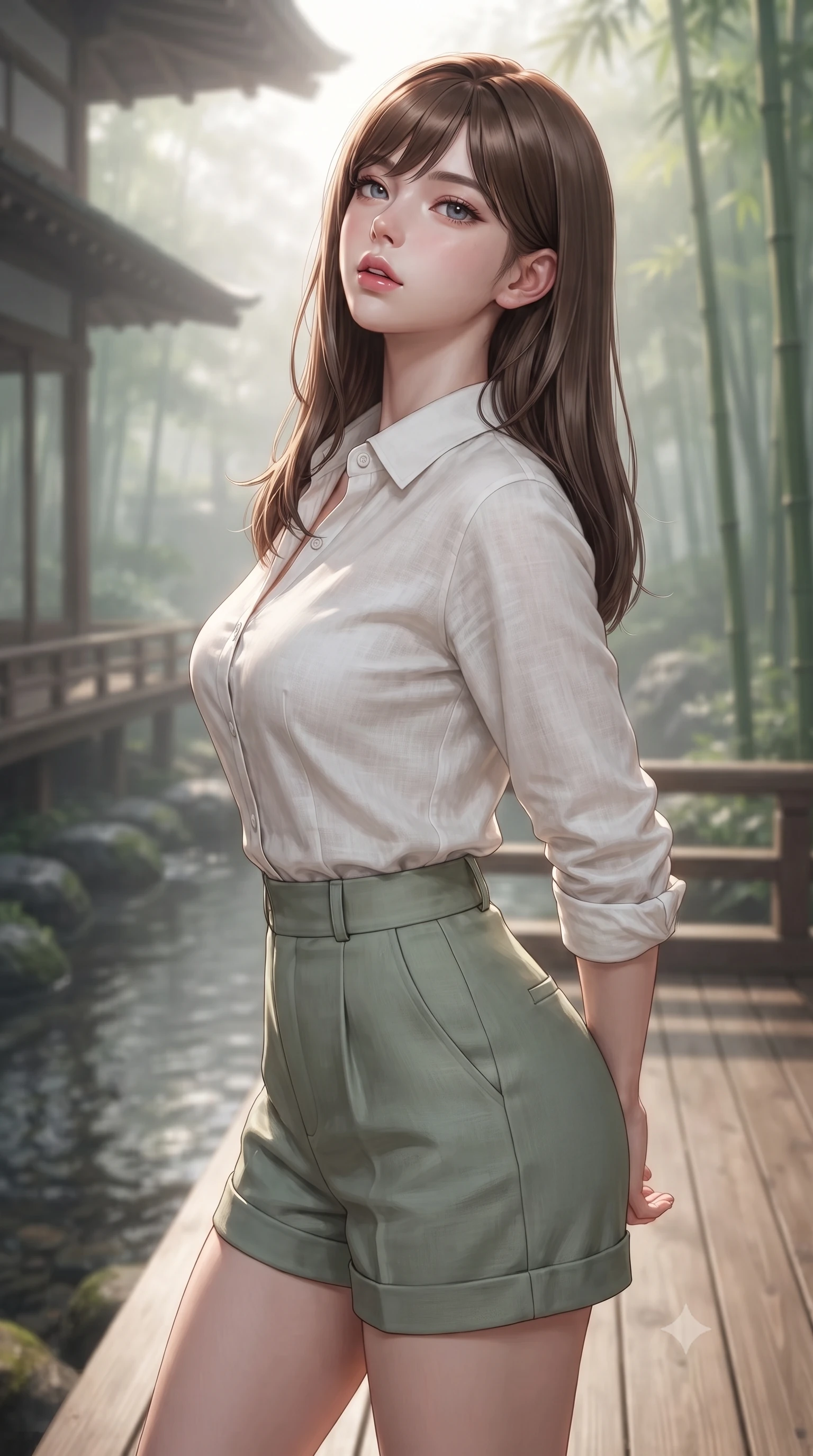 score_9, masterpiece, best quality, ultra-detailed, high-budget anime keyframe, editorial fashion photography, tasteful artistic composition, Korean woman woman. close-up cowboy shot from the waist and thighs up, the character dominates the composition, filling the frame with her large presence, background elements kept in soft focus. tilting her chin up slightly with lips parted in a composed, provocative expression the background shows a soft-focus a wooden deck of a traditional Japanese inn overlooking a quiet stream and bamboo grove. She has an exceptionally elegant, slender, and willowy female figure with an ultra-slim waist, a gracefully sculpted slender torso, and a refined silhouette. sharp v-shaped jawline, high-bridge nose, intricate jewel-like eyes with depth, thick eyelashes, glossy lips with a natural sheen. wearing a form-contouring comfortable linen button-down shirt in white, tucked into high-waisted sage green shorts. soft morning mist diffusing the sunlight, creating a tranquil atmosphere. ultra-reflective glossy finish, specular highlights, metallic sheen, high-contrast stereoscopic depth, volumetric dynamic lighting, 2k, ultra detail, master piece, 9:16 ratio