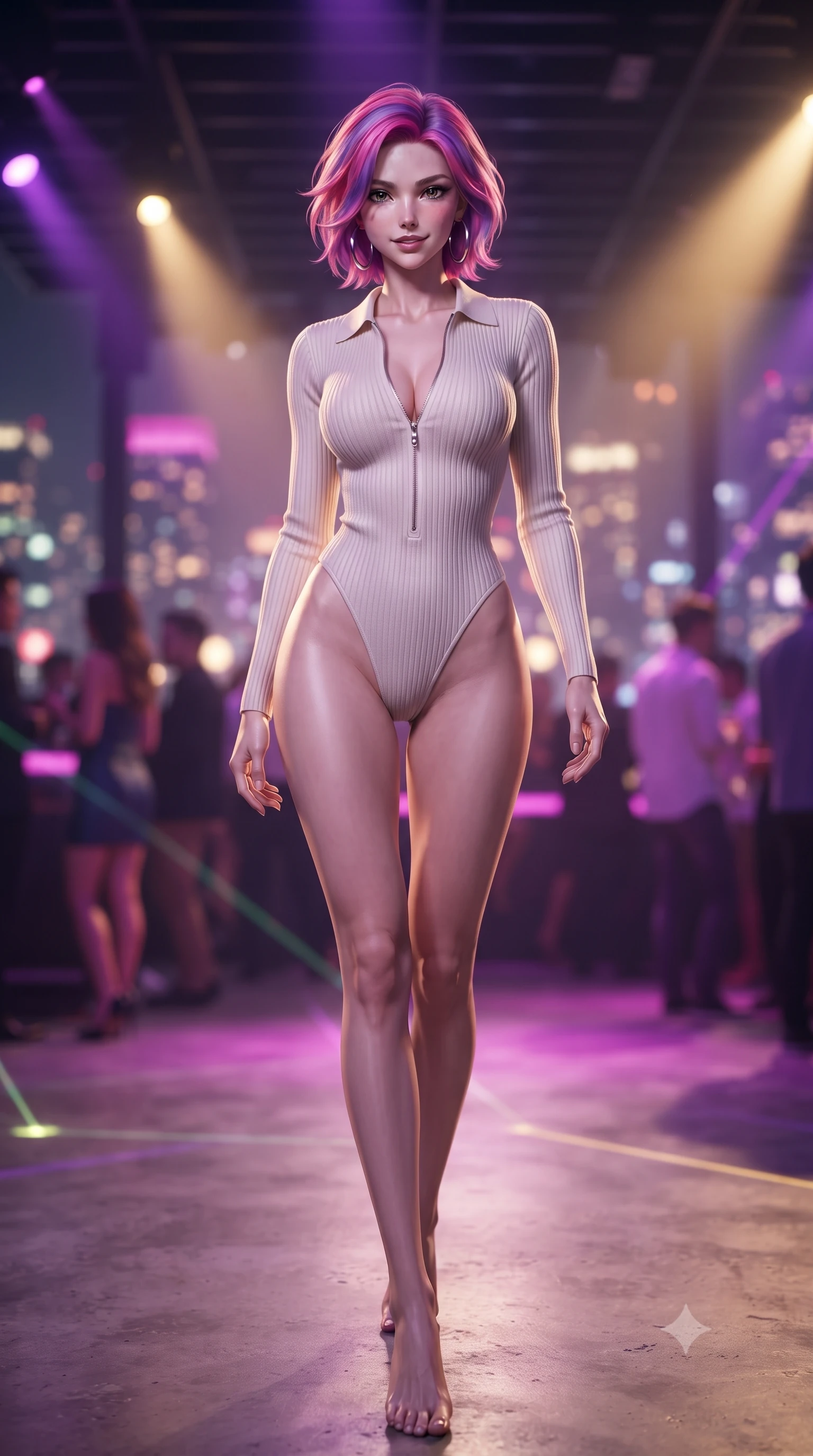 score_9, masterpiece, best quality, ultra-detailed, high-budget anime keyframe, editorial fashion photography, tasteful artistic composition, Caucasian woman. low angle full-body shot from head to toe showing her feet, filling the entire 9:16 vertical frame with her statuesque presence, stretching her vertical silhouette. stepping slowly toward the camera with hypnotic grace, hips swaying in an alluring sensual rhythm that accentuates her curvy hourglass silhouette and long slender legs while twisting her slender torso in an alluring contrapposto stance as laser lights sweep across the open-air dance floor and her curvy hips. The background shows a soft-focus the glittering sea of Tokyo city lights, moving nightclub spotlights, and chic patrons blurred into magenta, gold, and violet bokeh. She has an absolutely perfect, statuesque 8.5-heads proportion, an exceptionally tall and slender model-like female figure with impossibly long slender legs, an ultra-slim waist, a flat toned midriff, narrow delicate ribcage, and beautifully sculpted feminine hips creating a graceful, slim hourglass silhouette without any bulky heaviness. sharp v-shaped jawline, high-bridge nose, sparkling eyes with hypnotic seductive depth, thick curled eyelashes, glossy parted lips with a natural dewy peach sheen, alluring bedroom-eyes with an enchanting coquettish smile, exuding magnetic siren charisma and sophisticated glamour, flawlessly proportioned anatomical accuracy, strict slender model proportions, natural body alignment, perfectly sculpted long slender limbs, ultra-slim waistline, clean dynamic posture without body distortion. wearing a retro-chic ribbed knit polo bodysuit with a plunging front zipper and high-cut leg openings in pure pearl alabaster with platinum sheen, woven from buttery-soft stretch lambskin leather adhering to her body like a second skin, accented with oversized polished chrome hoop earrings catching the ambient neon glow, the liquid-tight tailored fabric clinging flawlessly to her narrow waist and rounded feminine hips, emphasizing every millimeter of her sculpted slim hourglass curves without any bulky heaviness. bathed in dynamic purple and gold nightclub spotlight sweeps paired with ambient skyline glow. ultra-reflective glossy finish, specular highlights, rich textural contrasts, high-contrast stereoscopic depth, volumetric dynamic lighting, 2k, ultra detail, master piece, 9:16 ratio