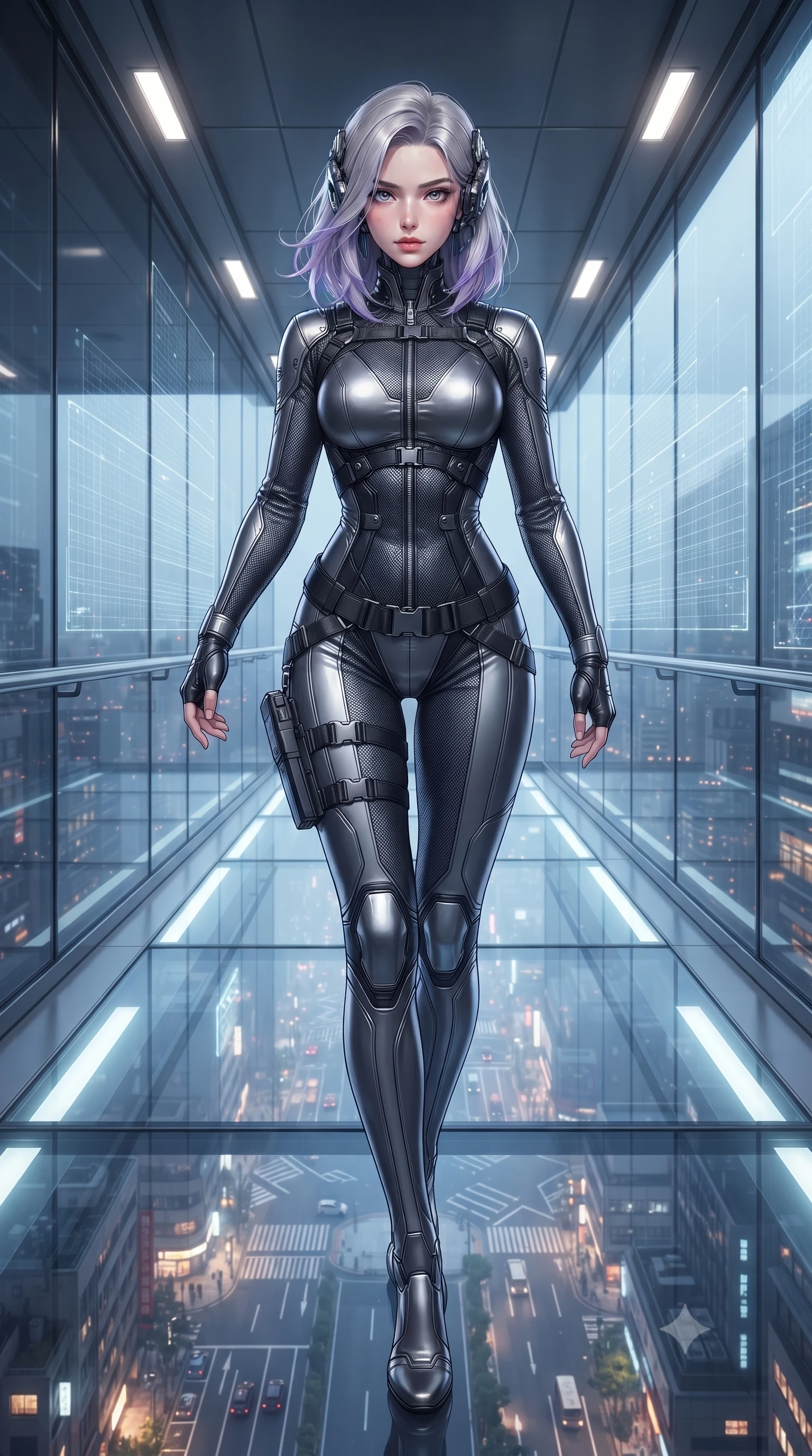 score_9, masterpiece, best quality, ultra-detailed, high-budget anime keyframe, editorial fashion photography, tasteful artistic composition, Caucasian woman. low angle full-body shot from head to toe showing her feet, filling the entire 9:16 vertical frame with her statuesque presence, stretching her vertical silhouette. stepping forward gracefully in mid-motion, displaying her toned flat midriff and flawlessly sculpted slender limbs while striding across the luminous glass walkway with silent tactical footsteps and authoritative commander presence. The surrounding environment is rendered in vivid detail and crisp panoramic clarity. intricate cybernetic earpiece components, city street layouts visible 100 floors below, and telemetry grids in high clarity. She has an absolutely perfect, statuesque 8.5-heads proportion, an exceptionally tall and slender model-like female figure with impossibly long slender legs, a toned flat midriff, and an ultra-slim waist. sharp v-shaped jawline, high-bridge nose, intricate jewel-like eyes with depth, thick eyelashes, glossy lips with a natural sheen, captivating and magnetic expression, flawlessly proportioned anatomical accuracy, strict slender model proportions, natural body alignment, perfectly sculpted long slender limbs, ultra-slim waistline, clean dynamic posture without body distortion. wearing a high-tech surveillance operative suit with flexible titanium joints and waist-cinching harness in brushed dark platinum and obsidian leather, made of reinforced ripstop micro-mesh with thermal insulation lining, accessorized with a sleek concealed garter holster and pearl ear transmitter, the liquid-tight tailored fabric emphasizing every curve of her tall, slender model proportions and sculptured silhouette during dynamic movement. surrounded by a mastermind, elite, and dangerously seductive intelligence director aura. ultra-reflective glossy finish, specular highlights, rich textural contrasts, high-contrast stereoscopic depth, volumetric dynamic lighting, 2k, ultra detail, master piece, 9:16 ratio