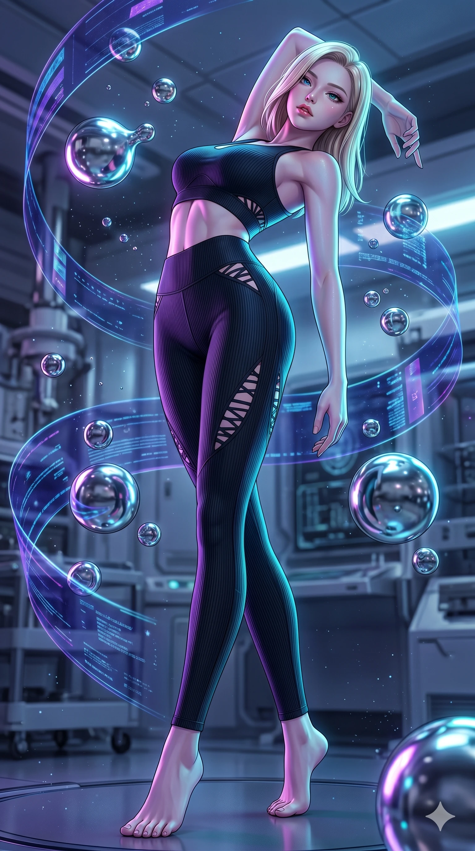 score_9, masterpiece, best quality, ultra-detailed, high-budget anime keyframe, editorial fashion photography, tasteful artistic composition, Korean woman. low angle full-body shot from head to toe showing her feet, filling the entire 9:16 vertical frame with her statuesque presence, stretching her vertical silhouette. bending backwards under through a futuristic laboratory filled with levitating liquid metal spheres as floating holographic data ribbons swirl in a graceful orbit. She has an absolutely perfect 8-heads proportion, an exceptionally tall and slender female figure with impossibly long slender legs and an ultra-slim waist. V-shaped jawline, high-bridge nose, intricate jewel-like eyes with depth, thick eyelashes, glossy lips with a natural sheen.. wearing a sleek ribbed-knit athleisure set, featuring sculpted matte black athletic top and high-waist leggings with tonal geometric cutout accents at the sides. lit by high-contrast neon strobes that carve out her dynamic posture and V-shaped jawline. 2k, ultra detail, master piece, 9:16 ratio