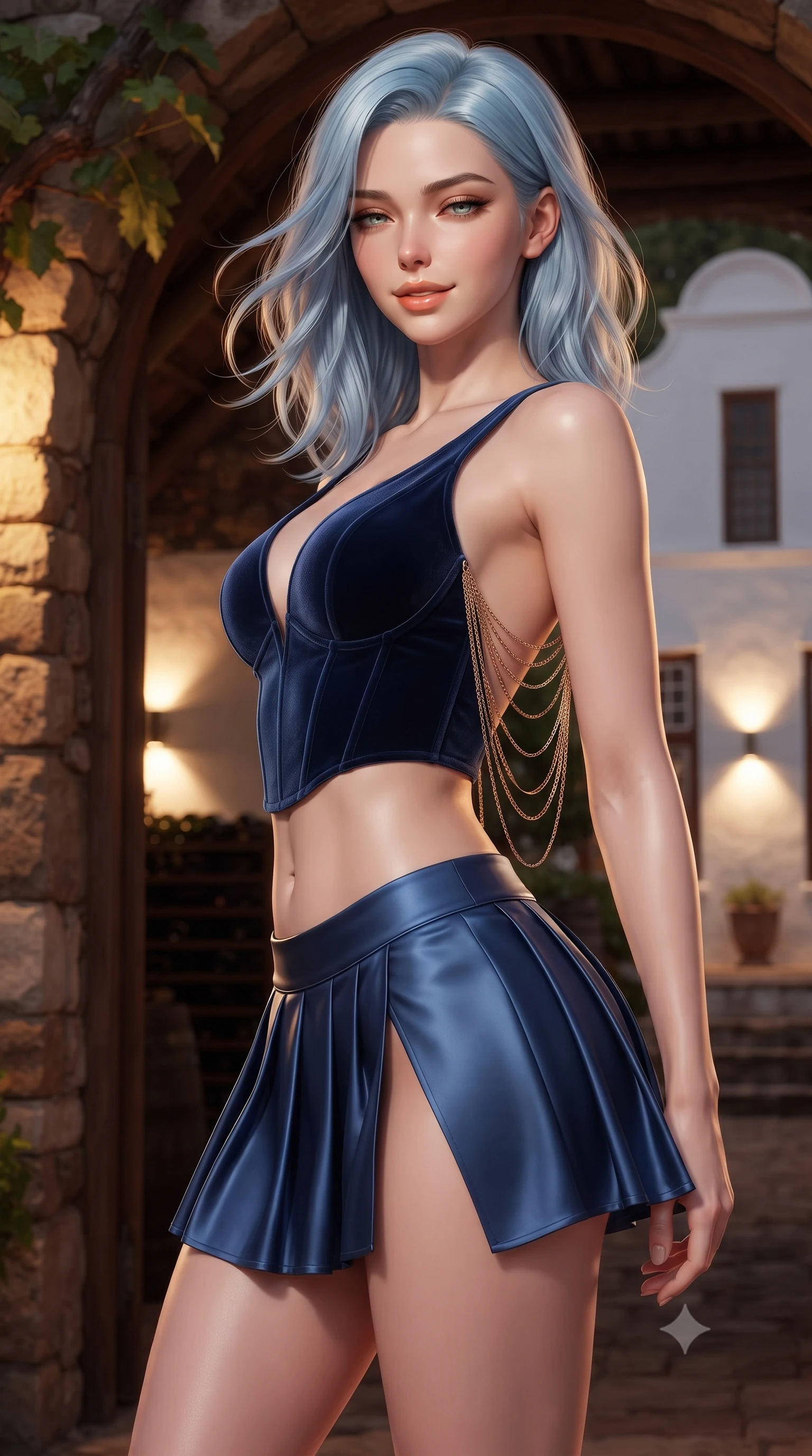score_9, masterpiece, best quality, ultra-detailed, high-budget anime keyframe, editorial fashion photography, tasteful artistic composition, Korean woman. close-up cowboy shot from the waist and thighs up, the character dominates the composition, filling the frame with her large presence. turning slowly with an enchanting smoldering smile, her glossy hair tossing in the breeze as her hips angle gracefully in a captivating contrapposto while leaning against the rustic stone wine cellar entrance with hips cocked back, looking through centuries-old oak branches with heavy-lidded bedroom-eyes. The surrounding environment is rendered in vivid detail and crisp panoramic clarity: detailed garment tailoring, fine fabric drape, and historic Cape Dutch craft in high resolution. She has an exceptionally elegant, slender, and willowy female figure with an ultra-slim waist, flat toned midriff, narrow ribcage, and sculpted feminine hips creating an alluring, slim hourglass silhouette without bulk. sharp v-shaped jawline, high-bridge nose, intricate jewel-like sparkling eyes with depth, thick eyelashes, glossy parted lips with a natural peach sheen, bright cheerful beaming smile with an enchanting and coquettish sensual glint, exuding both youthful cute charm and seductive allure, flawlessly proportioned anatomical accuracy, strict slender model proportions, natural body alignment, perfectly sculpted long slender limbs, ultra-slim waistline, clean dynamic posture without body distortion. wearing a structured Bohemian boned velvet bustier top paired with an ultra-short low-rise pleated micro mini skirt in Vltava misty twilight cobalt and polished brass, crafted from fluid liquid silk satin that clings smoothly to her narrow waist and rounded hips with a dewy sheen, accented with an open-back drape framed by falling strands of delicate gold chains, the high-slit wrap tailoring accentuating her ultra-slim waistline and the enchanting curve of her feminine hips with alluring seductive charm. bathed in the warm radiant 2100K hearth firelight mixed with soft uplights on whitewashed architectural gables. ultra-reflective glossy finish, specular highlights, rich textural contrasts, high-contrast stereoscopic depth, volumetric dynamic lighting, 2k, ultra detail, master piece, 9:16 ratio