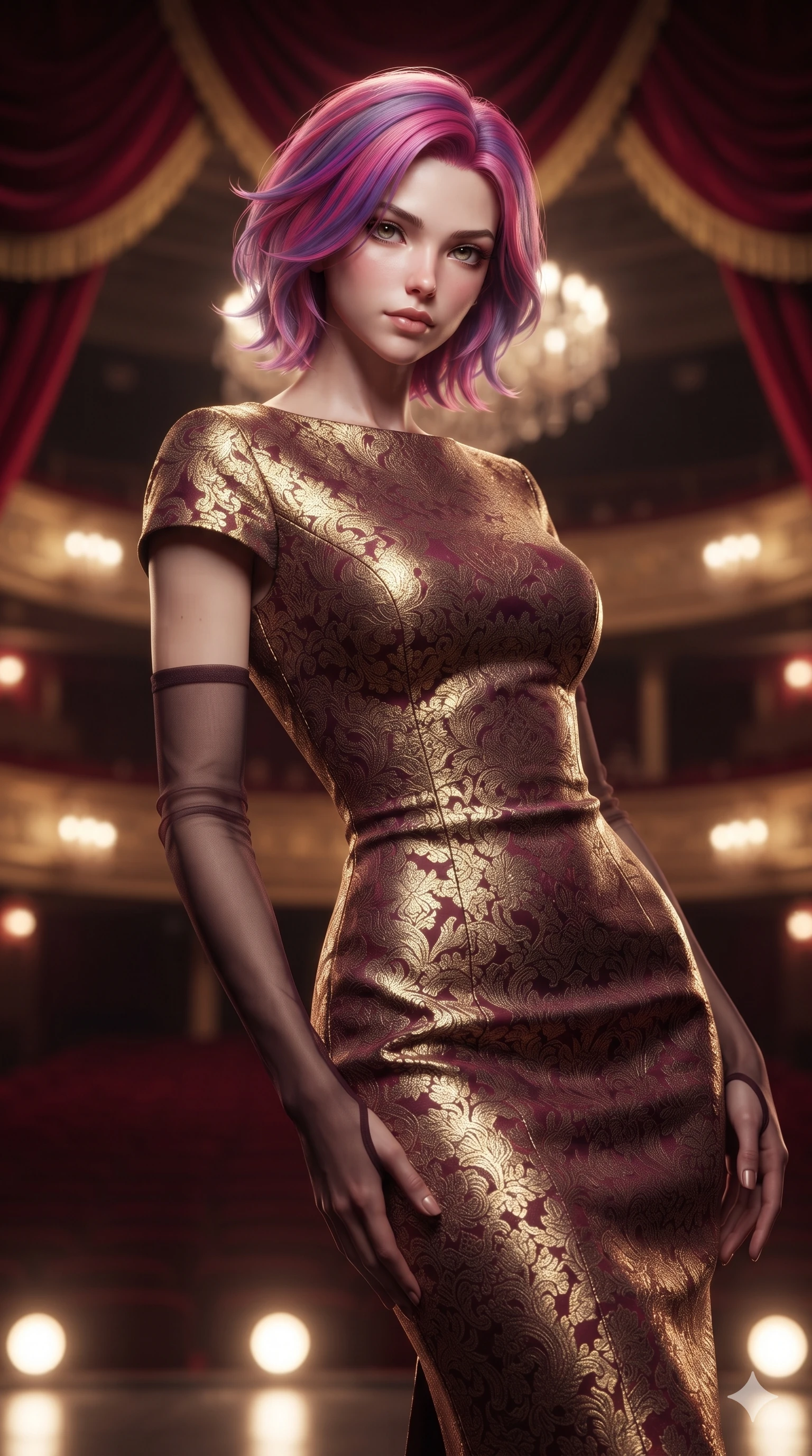 score_9, masterpiece, best quality, ultra-detailed, high-budget anime keyframe, editorial fashion photography, tasteful artistic composition, Caucasian woman. close-up cowboy shot from the waist and thighs up, the character dominates the composition, filling the frame with her large presence. leaning forward while arching her lower back to accentuate her curvy hips, looking into the camera with an intoxicating smoldering gaze and bedroom-eyes while twisting her slender torso in an alluring S-curve, glowing stage footlights from below tracing her flat midriff and hourglass curves. The background shows a soft-focus plush crimson velvet curtain swags with gold bullion fringe, tiers of illuminated opera house loges, and crystal chandelier haze blurred into crimson, gold, and charcoal bokeh. She has an exceptionally elegant, slender, and willowy female figure with an ultra-slim waist, flat toned midriff, narrow ribcage, and sculpted feminine hips creating an alluring, slim hourglass silhouette without bulk. sharp v-shaped jawline, high-bridge nose, intricate jewel-like sparkling eyes with depth, thick eyelashes, glossy parted lips with a natural sheen, intensely captivating and seductive bedroom-eyes expression, exuding both youthful cute charm and sovereign luxury allure, flawlessly proportioned anatomical accuracy, strict slender model proportions, natural body alignment, perfectly sculpted long slender limbs, ultra-slim waistline, clean dynamic posture without body distortion. wearing an aristocratic gold-leaf jacquard brocade shift dress with high boat neckline and elegant bracelet sleeves in deep wine burgundy and brushed dark platinum, woven from high-density tech-wool with subtle metallic thread weave, complemented by sheer opera-length evening gloves tracing her slender arms, the impeccably tailored cut draping gracefully along her slender figure with aristocratic poise. bathed in the theatrical, dramatic contrast of warm golden stage footlights from below and dim ambient crimson box lighting. ultra-reflective glossy finish, specular highlights, rich textural contrasts, high-contrast stereoscopic depth, volumetric dynamic lighting, 2k, ultra detail, master piece, 9:16 ratio