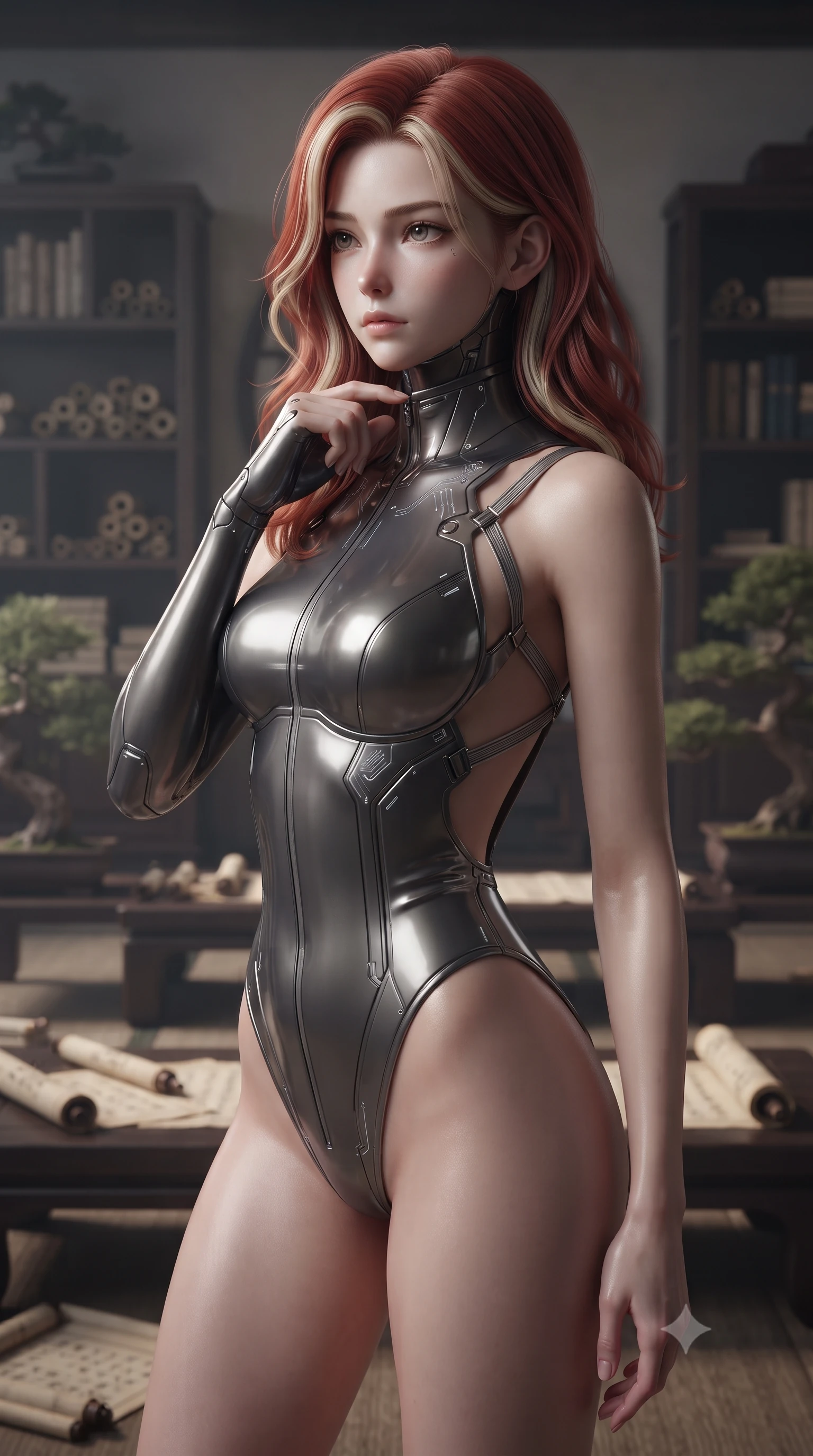 score_9, masterpiece, best quality, ultra-detailed, high-budget anime keyframe, editorial fashion photography, tasteful artistic composition, Caucasian woman. close-up cowboy shot from the waist and thighs up, the character dominates the composition, filling the frame with her large presence, background elements kept in soft focus. adjusting the high collar of her body-hugging suit, looking past the camera with quiet, sharp focus and a composed expression, the background shows a soft-focus a rock garden library room with bookshelves, scrolls, and low tables. She has an exceptionally elegant, slender, and willowy female figure with an ultra-slim waist, a gracefully sculpted slender torso, and a refined silhouette. sharp v-shaped jawline, high-bridge nose, intricate jewel-like eyes with depth, thick eyelashes, glossy lips with a natural sheen. wearing a slim-fit low-cut cybernetic bodysuit with open-back design and thin structural straps crossing her bare shoulder blades. soft warm reading lights creating a quiet, focused, and meditative mood. ultra-reflective glossy finish, specular highlights, metallic sheen, high-contrast stereoscopic depth, volumetric dynamic lighting, 2k, ultra detail, master piece, 9:16 ratio