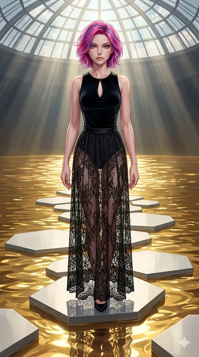 score_9, masterpiece, best quality, ultra-detailed, high-budget anime keyframe, editorial fashion photography, tasteful artistic composition, Caucasian woman, strictly human ears. cowboy shot from the thighs up, character and outfit filling the frame
