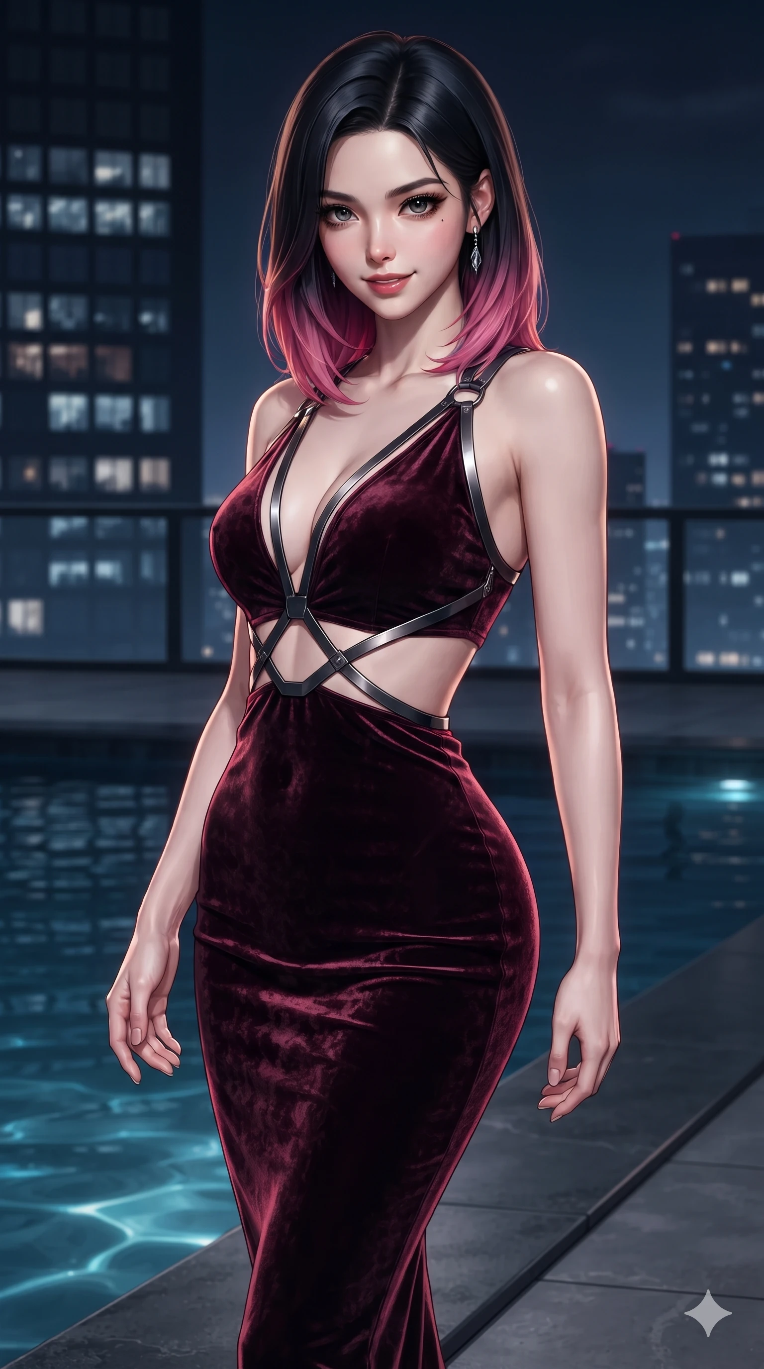 score_9, masterpiece, best quality, ultra-detailed, high-budget anime keyframe, editorial fashion photography, tasteful artistic composition, Korean woman. close-up cowboy shot from the waist and thighs up, the character dominates the composition, filling the frame with her large presence. twisting her slender torso in a deep contrapposto stance, hips dramatically shifted to accentuate her feminine curves while walking slowly along the mirror-smooth pool perimeter with feline poise, her long slender legs and curvy hips commanding the midnight skyline. The surrounding environment is rendered in vivid detail and crisp panoramic clarity: sharp polished basalt coping edges, crystal water surface meniscus clarity, and distant architectural window grids in deep focus. She has an exceptionally elegant, slender, and willowy female figure with an ultra-slim waist, flat toned midriff, narrow ribcage, and sculpted feminine hips creating an alluring, slim hourglass silhouette without bulk. sharp v-shaped jawline, high-bridge nose, intricate jewel-like dark sparkling eyes with hypnotic seductive depth, thick curled eyelashes, glossy parted lips with a natural wine sheen, alluring bedroom-eyes with an enigmatic smoldering smile, exuding magnetic sovereign charisma and dark avant-garde glamour, flawlessly proportioned anatomical accuracy, strict slender model proportions, natural body alignment, perfectly sculpted long slender limbs, ultra-slim waistline, clean dynamic posture without body distortion. wearing a slinky deep-V liquid dark jersey cocktail dress with waist cutout accentuating her curves in crimson laser red and cold midnight shadow tones, tailored from crushed dark velvet with deep light-absorbing plush texture, highlighted by a gunmetal metallic harness structure, the bespoke structured tailoring following the natural line of her 8.5-heads silhouette with refined elegance. illuminated by dark pool water surface bounce and sharp golden-sapphire rim lights sculpting her razor-sharp jawline, narrow waist, and curvy hips. ultra-reflective glossy finish, specular highlights, metallic sheen, high-contrast stereoscopic depth, volumetric dynamic lighting, 2k, ultra detail, master piece, 9:16 ratio