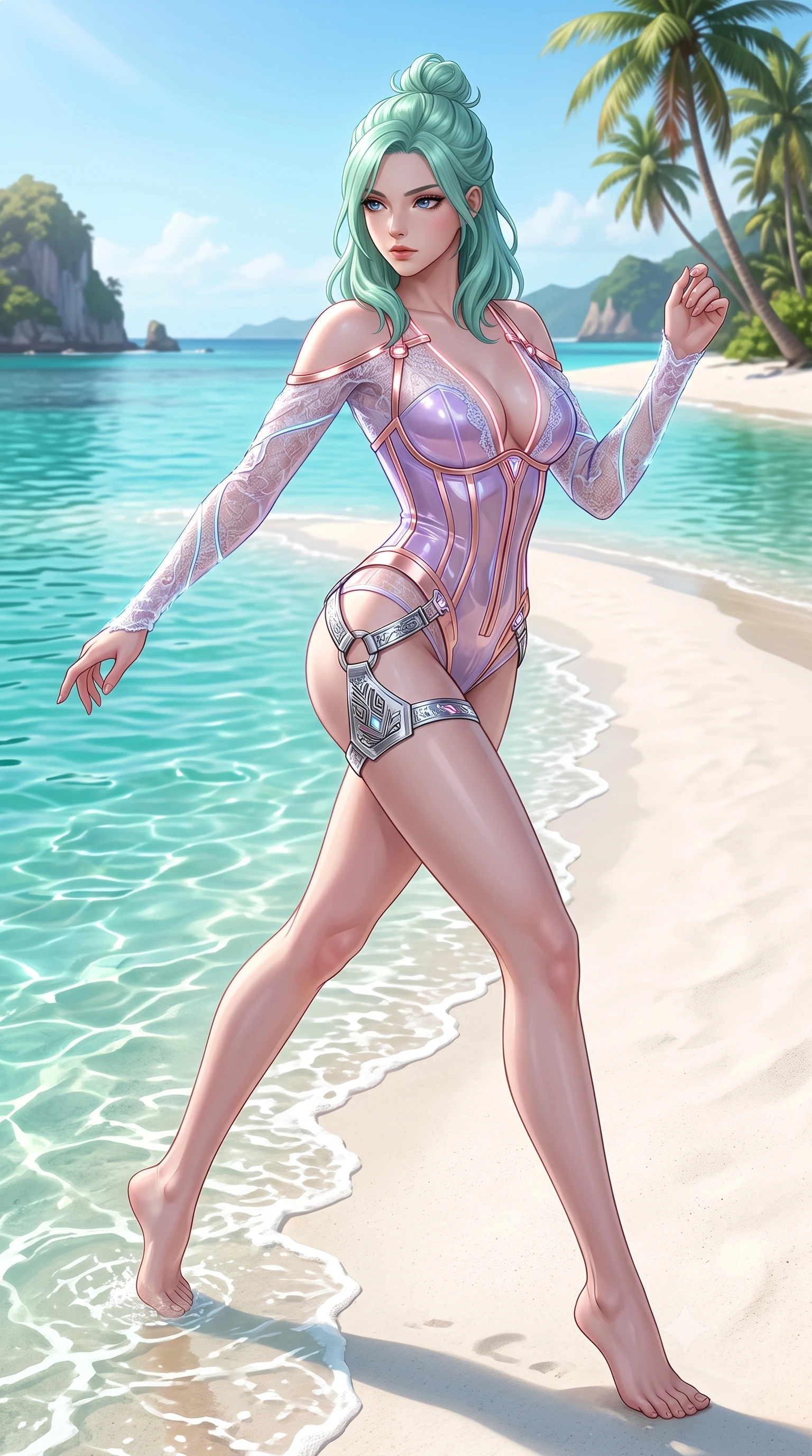 score_9, masterpiece, best quality, ultra-detailed, high-budget anime keyframe, semi-realistic 3D game render, editorial fashion photography, tasteful artistic composition, Japanese woman. low angle full-body shot from head to toe showing her feet, filling the entire 9:16 vertical frame with her statuesque presence, stretching her vertical silhouette. pivoting dynamically in mid-motion with a breathtakingly alluring posture, displaying her flawless model proportions and ultra-slim waist while stepping along a pristine white sand sandbar as shallow emerald lagoon waves lap gently at her feet. The surrounding environment is rendered in vivid detail and crisp panoramic clarity. glistening water refractions and scenic coastal landscapes captured with environmental precision. She has an absolutely perfect, statuesque 8.5-heads proportion, an exceptionally tall and slender model-like female figure with impossibly long slender legs, a toned flat midriff, and an ultra-slim waist. sharp v-shaped jawline, high-bridge nose, intricate jewel-like eyes with depth, thick eyelashes, glossy lips with a natural sheen, flawlessly proportioned anatomical accuracy, strict slender model proportions, natural body alignment, perfectly sculpted long slender limbs, ultra-slim waistline, clean dynamic posture without body distortion. wearing a translucent cybernetic corset in semi-opaque structured vinyl, combined with detached sleeves and a deep-plunging neckline secured by glowing micro-straps in luminous lavender violet and rose gold, crafted from delicate dark lace interwoven with luminescent micro-fibers, reinforced by a sleek metallic chrome harness and delicate glowing micro-straps, the sleek second-skin cut tightly hugging her graceful clavicle, narrow waist, and feminine curves with athletic precision. surrounded by a fresh, sun-soaked, and breathtakingly sensual tropical paradise ambiance. highly saturated vibrant anime colors, detailed shading with soft gradients, rich glossy textures, high-contrast stereoscopic depth, volumetric dynamic lighting, master piece, 9:16 ratio