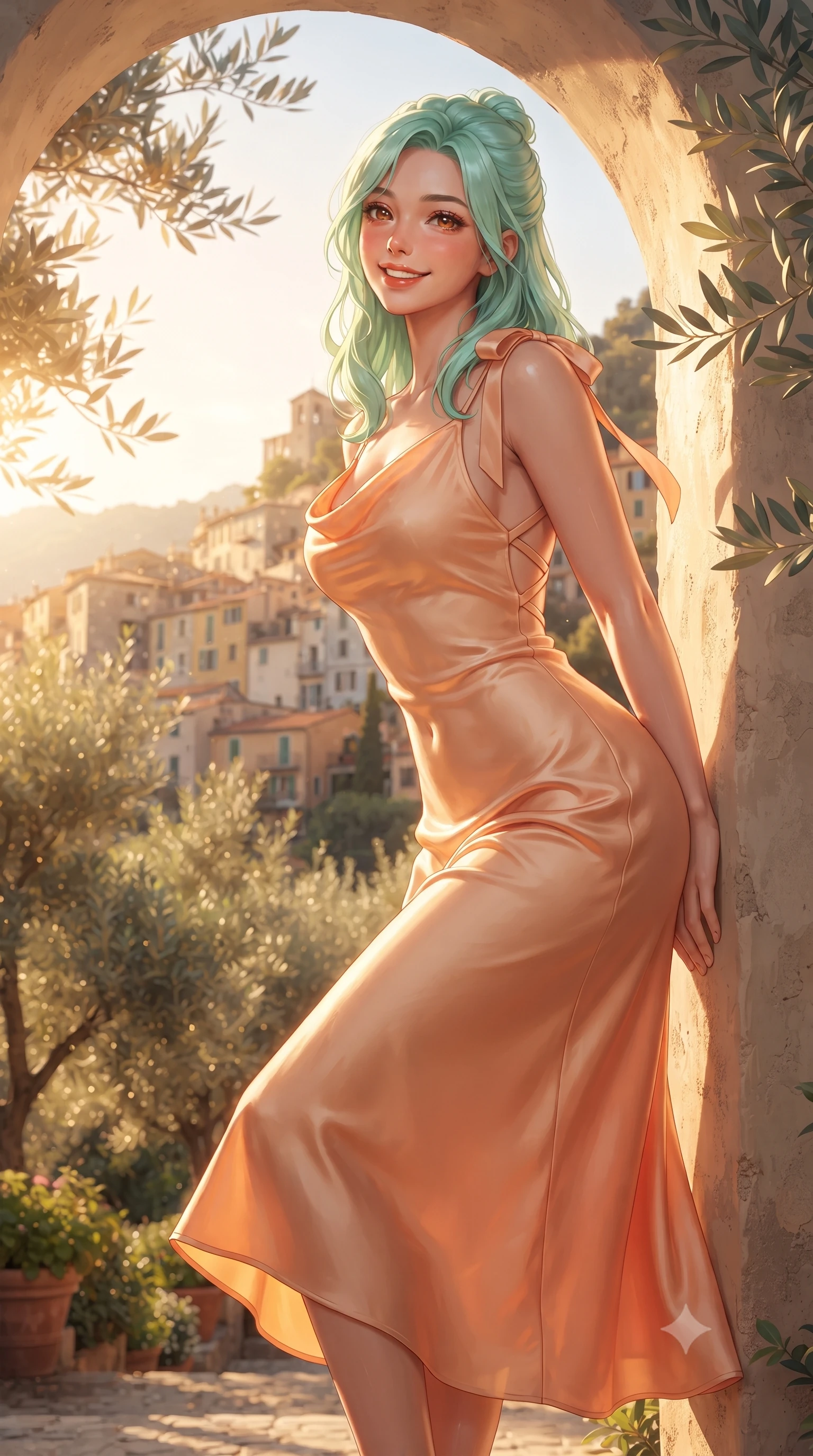 score_9, masterpiece, best quality, ultra-detailed, high-budget anime keyframe, editorial fashion photography, tasteful artistic composition, Japanese woman. low angle full-body shot from head to toe showing her feet, filling the entire 9:16 vertical frame with her statuesque presence, stretching her vertical silhouette. leaning deep against the sunlit villa archway with hips cocked back in a cute yet unapologetically alluring high-fashion stance, flashing a warm beaming smile while twisting her slender torso in an alluring S-curve while strolling through the olive grove, golden sunbeams illuminating her curvaceous silhouette. The surrounding environment is rendered in vivid detail and crisp panoramic clarity. detailed resort outfit weave, sun-warmed skin sheen, and UNESCO mountain village architecture in high resolution. She has an exceptionally tall and slender model-like 8.5-heads proportion, an ultra-slim waist, a flat toned midriff, narrow delicate ribcage, and beautifully sculpted feminine hips creating a graceful, slim hourglass silhouette without any bulky heaviness, with impossibly long slender legs. sharp v-shaped jawline, high-bridge nose, sparkling amber-hazel eyes with depth, long lush eyelashes, glossy sun-kissed lips with a warm coral glaze, radiant teasing smile with sensual sunlit bedroom-eyes, exuding effortless old-money elegance and intoxicating sun-drenched allure, flawlessly proportioned anatomical accuracy, strict slender model proportions, natural body alignment, perfectly sculpted long slender limbs, ultra-slim waistline, clean dynamic posture without body distortion. wearing a breezy cowl-neck peach silk satin sundress with criss-cross back straps and hip-accentuating silhouette in rich saffron amber and soft dove grey, made of smooth fluid silk satin with a delicate pearlescent golden sheen, finished with cute satin bow ribbons tying at the shoulders, the high-waisted tailoring accentuating her ultra-slim waistline and the enchanting curve of her feminine hips with alluring sunlit charm. bathed in warm late-afternoon golden hour rays filtering through silver olive leaves. ultra-reflective glossy finish, specular highlights, rich textural contrasts, high-contrast stereoscopic depth, volumetric dynamic lighting, 2k, ultra detail, master piece, 9:16 ratio