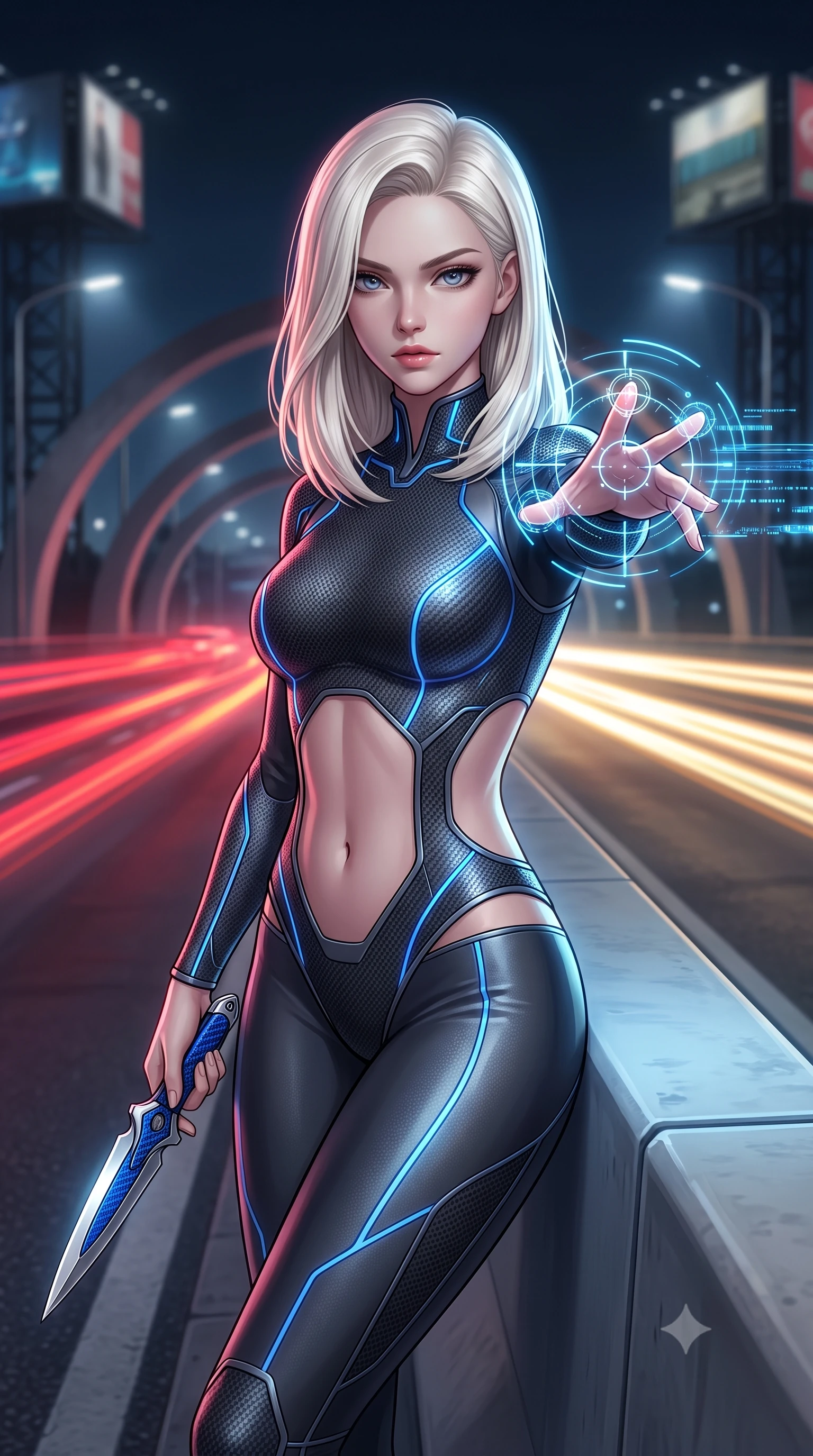score_9, masterpiece, best quality, ultra-detailed, high-budget anime keyframe, semi-realistic 3D game render, editorial fashion photography, tasteful artistic composition, Caucasian woman. close-up cowboy shot from the waist and thighs up, the character dominates the composition, filling the frame with her large presence. extending one arm gracefully as glowing holographic targeting reticles and data streams orbit her fingertips with sovereign power while leaning against a sleek highway divider barrier with blades resting at her sides, looking into the lens with a dangerous smolder. The composition keeps background elements in soft focus with creamy bokeh. expressway overpass arches and towering billboard scaffoldings softened in moody shallow depth of field. She has an exceptionally elegant, slender, and willowy female figure with an ultra-slim waist, a gracefully sculpted slender torso, toned flat midriff, and a refined slim silhouette. sharp v-shaped jawline, high-bridge nose, intricate jewel-like eyes with depth, thick eyelashes, glossy lips with a natural sheen, flawlessly proportioned anatomical accuracy, strict slender model proportions, natural body alignment, perfectly sculpted long slender limbs, ultra-slim waistline, clean dynamic posture without body distortion. wearing an aerodynamic dark titanium carbon-mesh jumper with glowing blue fiber lines, holding twin chrome vibro-daggers with deadly supermodel poise in electric cobalt blue carbon with polished platinum trim, made of lightweight aerodynamic carbon-titanium alloy with polished edge bevels, finished with high-mobility articulation joints and miniature magnetic armor locks, the precision-cut daring openings accentuating her delicate midriff, graceful bare collarbones, and ultra-slim feminine waistline. bathed in blazing neon crimson and golden traffic trail backlighting with crisp streetlamp fill. rich saturated anime colors with glowing neon highlights, detailed shading with soft gradients, rich glossy textures, high-contrast stereoscopic depth, volumetric dynamic lighting, master piece, 9:16 ratio