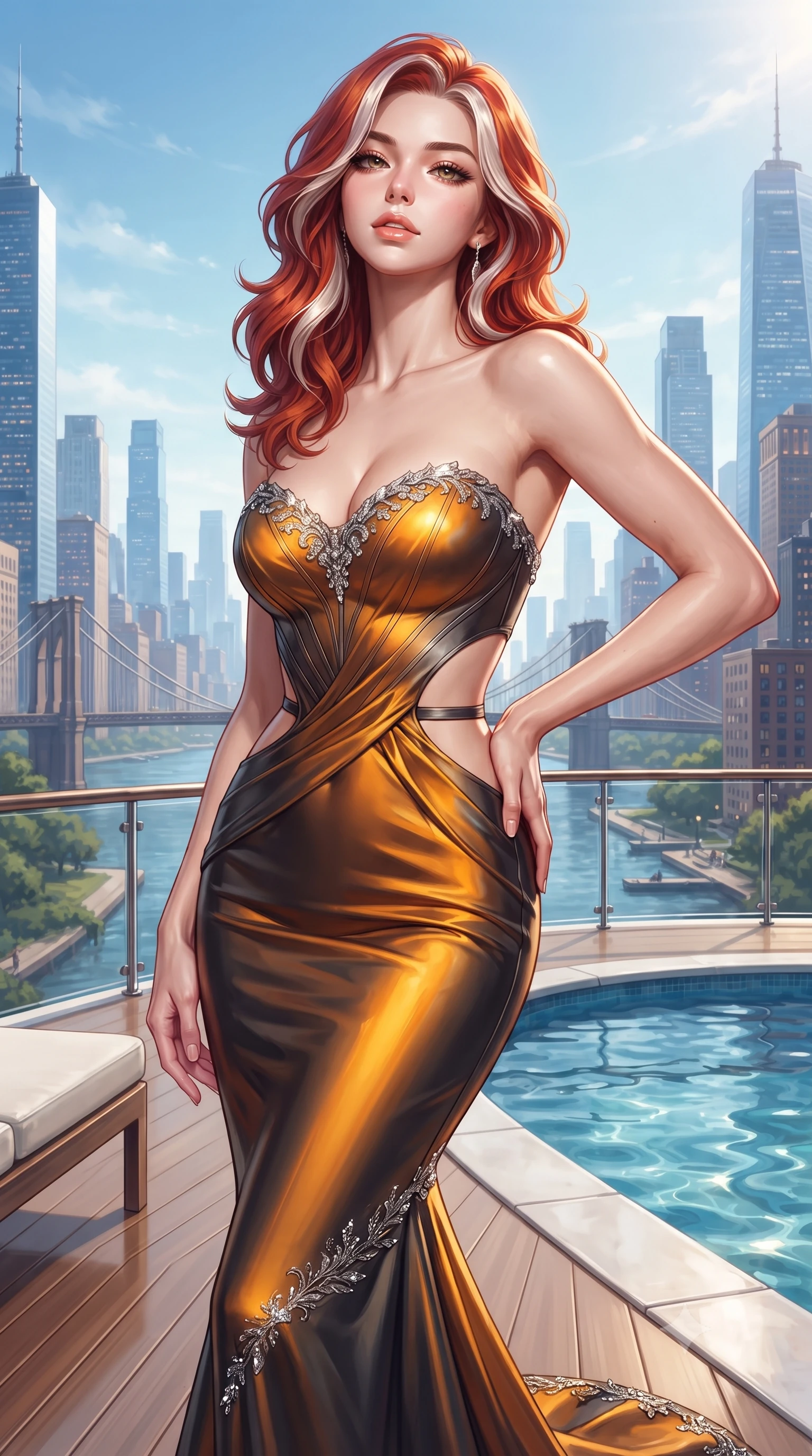 score_9, masterpiece, best quality, ultra-detailed, high-budget anime keyframe, editorial fashion photography, tasteful artistic composition, Caucasian woman. close-up cowboy shot from the waist and thighs up, the character dominates the composition, filling the frame with her large presence. tilting her chin up with proud, sovereign allure while gazing through thick eyelashes, one hand resting on her waist in pure supermodel charisma while pivoting gracefully on the polished balcony deck with hips shifted in a pronounced contrapposto stance, parted glossy lips reflecting city neon. The surrounding environment is rendered in vivid detail and crisp panoramic clarity. detailed skyscraper skyline panoramas, distant suspension bridges, and pool water ripples in high resolution. She has an exceptionally elegant, slender, and willowy female figure with an ultra-slim waist, a gracefully sculpted slender torso, toned flat midriff, and rounded feminine hips creating an alluring hourglass silhouette. sharp v-shaped jawline, high-bridge nose, intricate jewel-like eyes with depth, thick eyelashes, glossy parted lips with a natural sheen, intensely captivating and seductive bedroom-eyes expression, flawlessly proportioned anatomical accuracy, strict slender model proportions, natural body alignment, perfectly sculpted long slender limbs, ultra-slim waistline, clean dynamic posture without body distortion. wearing a sculptured strapless velvet evening gown with an open-waist ring cutout and body-hugging mermaid silhouette in molten amber-gold and dark gunmetal, made of fluid silk crepe with delicate inner corsetry boning, finished with delicate crystal embroidery along the neckline and hem, the liquid-tight tailored fabric clinging flawlessly to her narrow waist and rounded feminine hips, emphasizing every millimeter of her sculpted hourglass curves during movement. surrounded by a cosmopolitan, elite, and intensely magnetic modern royalty aura. ultra-reflective glossy finish, specular highlights, rich textural contrasts, high-contrast stereoscopic depth, volumetric dynamic lighting, 2k, ultra detail, master piece, 9:16 ratio