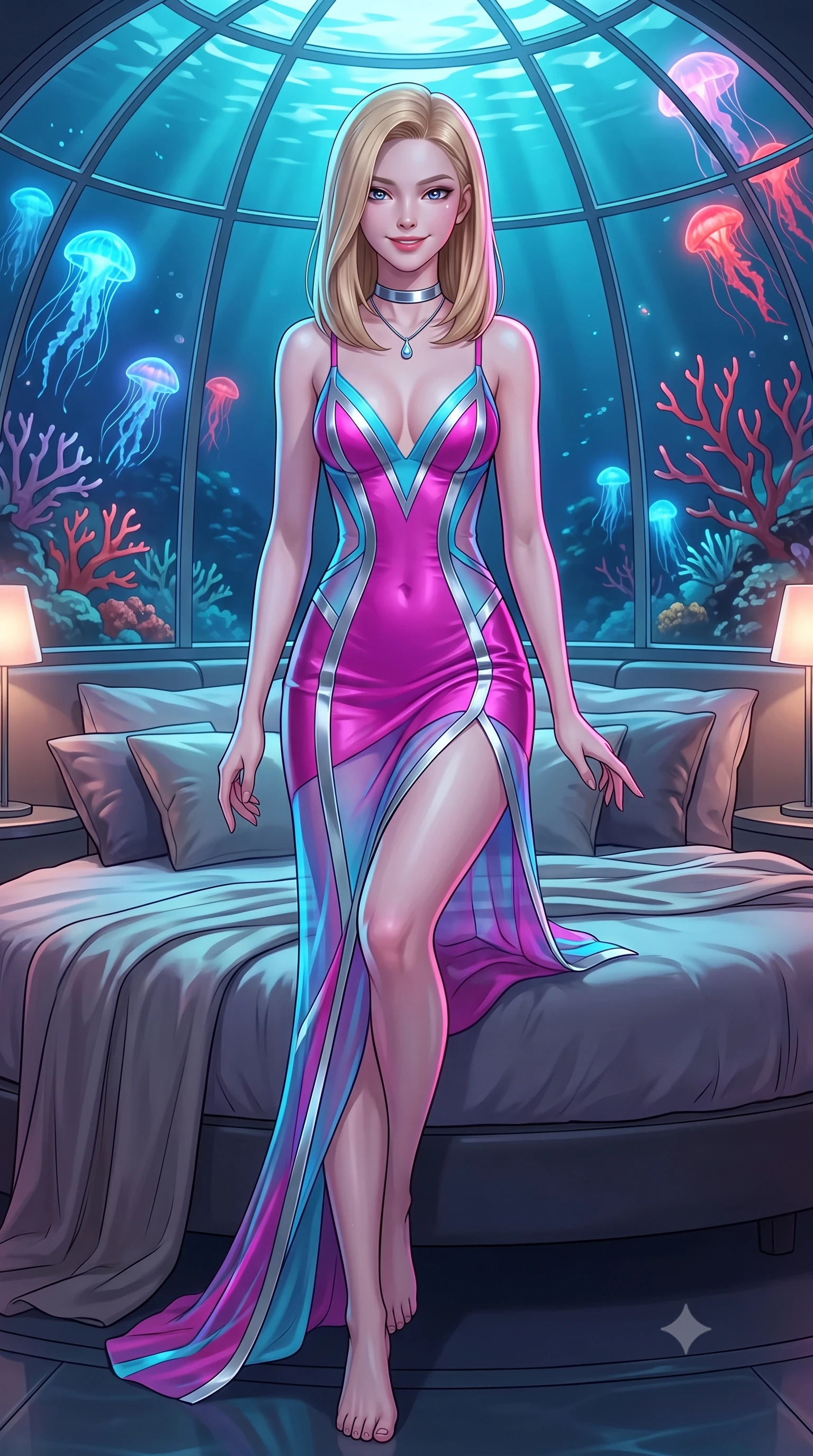 score_9, masterpiece, best quality, ultra-detailed, high-budget anime keyframe, editorial fashion photography, tasteful artistic composition, Korean woman. low angle full-body shot from head to toe showing her feet, filling the entire 9:16 vertical frame with her statuesque presence, stretching her vertical silhouette. lounging on the lavish daybed with legs crossed and hips angled toward the camera, displaying her toned midriff and long slender limbs with effortless siren poise while leaning against the panoramic domed acrylic wall with hips cocked back, watching luminescent neon jellyfish pulse through coral branches with smoldering bedroom-eyes. The surrounding environment is rendered in vivid detail and crisp panoramic clarity: detailed outfit textures, second-skin fit, and world-class underwater pavilion design in high resolution. She has an exceptionally tall and slender model-like 8.5-heads proportion, an ultra-slim waist, a flat toned midriff, narrow delicate ribcage, and beautifully sculpted feminine hips creating a graceful, slim hourglass silhouette without any bulky heaviness, with impossibly long slender legs. sharp v-shaped jawline, high-bridge nose, intricate jewel-like sparkling eyes with depth, thick eyelashes, glossy parted lips with a natural peach sheen, bright cheerful beaming smile with an enchanting and coquettish sensual glint, exuding both youthful cute charm and seductive allure, flawlessly proportioned anatomical accuracy, strict slender model proportions, natural body alignment, perfectly sculpted long slender limbs, ultra-slim waistline, clean dynamic posture without body distortion. wearing a plunge-front sheer illusion tulle slip dress with liquid platinum ribbon stripes hugging her curves in Neo-Tokyo neon magenta and electric cyan, woven from buttery-soft stretch lambskin leather adhering to her body like a second skin, finished with a minimalist chrome choker and a single teardrop diamond pendant, the impeccably tailored cut draping gracefully along her slender figure with aristocratic poise. illuminated by turquoise water reflection bounce and sharp neon-pink rim lights defining her jawline, narrow waist, and curvy hips. ultra-reflective glossy finish, specular highlights, rich textural contrasts, high-contrast stereoscopic depth, volumetric dynamic lighting, 2k, ultra detail, master piece, 9:16 ratio