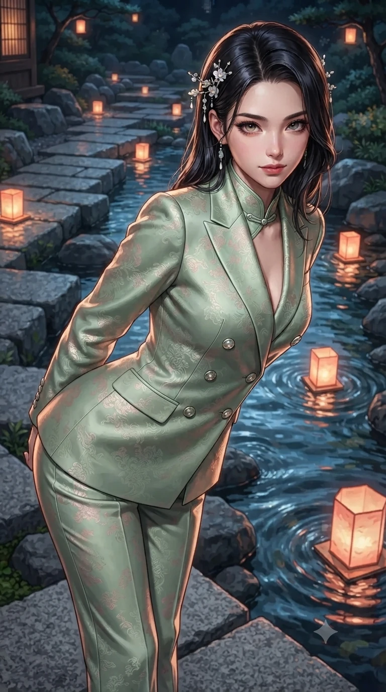 score_9, masterpiece, best quality, ultra-detailed, high-budget anime keyframe, editorial fashion photography, tasteful artistic composition, Japanese woman. close-up cowboy shot from the waist and thighs up, the character dominates the composition, filling the frame with her large presence. leaning forward while arching her lower back to accentuate her curvy hips, looking into the camera with an intoxicating smoldering gaze and bedroom-eyes while twisting her slender torso in an alluring contrapposto stance, floating paper lanterns casting warm coral and gold highlights across her curves. The surrounding environment is rendered in vivid detail and crisp panoramic clarity: sharp chiseled granite stone block textures, crystal clear running water ripples, and paper lantern flame clarity in deep focus. She has an exceptionally elegant, slender, and willowy female figure with an ultra-slim waist, flat toned midriff, narrow ribcage, and sculpted feminine hips creating an alluring, slim hourglass silhouette without bulk. sharp v-shaped jawline, high-bridge nose, sparkling eyes with hypnotic seductive depth, thick curled eyelashes, glossy parted lips with a natural dewy peach sheen, alluring bedroom-eyes with an enchanting coquettish smile, exuding magnetic siren charisma and sophisticated glamour, flawlessly proportioned anatomical accuracy, strict slender model proportions, natural body alignment, perfectly sculpted long slender limbs, ultra-slim waistline, clean dynamic posture without body distortion. wearing a tailored double-breasted silk brocade pantsuit with mandarin collar and mother-of-pearl dragon crest buttons in soft lotus rose and morning dew sage green, tailored from heavy double-faced silk faille with an exceptionally fluid drape, finished with delicate mother-of-pearl hairpin ornaments glinting in her dark glossy hair, the impeccably tailored cut draping gracefully along her slender figure with aristocratic eastern poise. illuminated by stream water bounce and sharp golden-amber rim lights sculpting her razor-sharp jawline, narrow waist, and curvy hips. ultra-reflective glossy finish, specular highlights, rich textural contrasts, high-contrast stereoscopic depth, volumetric dynamic lighting, 2k, ultra detail, master piece, 9:16 ratio