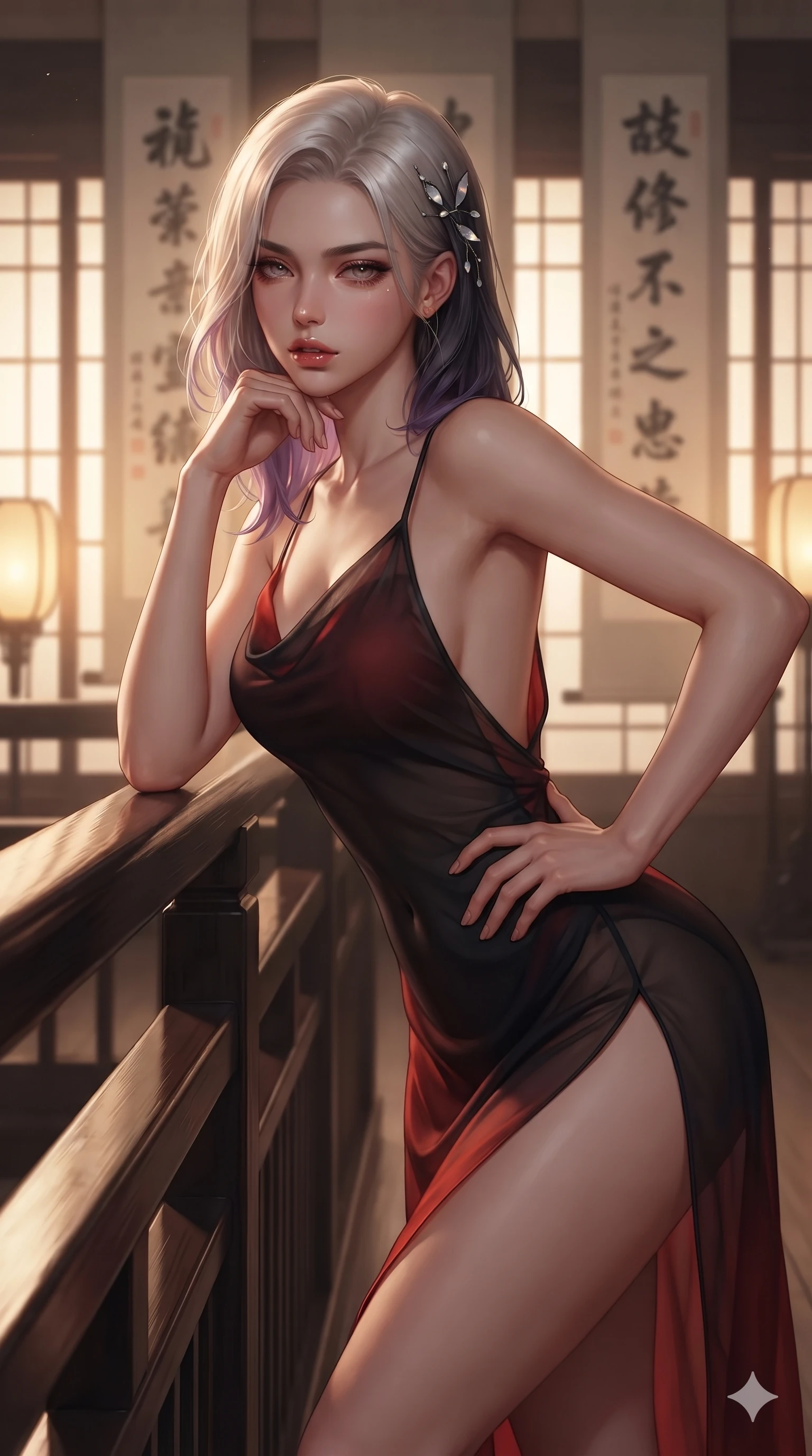 score_9, masterpiece, best quality, ultra-detailed, high-budget anime keyframe, editorial fashion photography, tasteful artistic composition, Caucasian woman. close-up cowboy shot from the waist and thighs up, the character dominates the composition, filling the frame with her large presence. resting one elbow on the lacquered balustrade and supporting her chin, leaning close to the camera with heavy-lidded sparkling eyes and parted lips while standing tall between towering hanging ink calligraphy scrolls, one hand on her hip as she looks into the lens with smoldering intensity. The background shows a soft-focus imperial scholar academy hall softened in scholarly sanctuary shallow focus. She has an exceptionally elegant, slender, and willowy female figure with an ultra-slim waist, flat toned midriff, narrow ribcage, and sculpted feminine hips creating an alluring, slim hourglass silhouette without bulk. sharp v-shaped jawline, high-bridge nose, sparkling eyes with hypnotic seductive depth, thick curled eyelashes, glossy parted lips with a natural dewy peach sheen, alluring bedroom-eyes with an enchanting coquettish smile, exuding magnetic siren charisma and sophisticated glamour, flawlessly proportioned anatomical accuracy, strict slender model proportions, natural body alignment, perfectly sculpted long slender limbs, ultra-slim waistline, clean dynamic posture without body distortion. wearing a form-contouring gossamer silk chiffon slip dress with hip-high slit and open cowl back clinging with evening mist in midnight obsidian black and rich cinnabar red, made of delicate semi-sheer nobang silk organza that drapes softly against skin with airy translucence, finished with delicate mother-of-pearl hairpin ornaments glinting in her dark glossy hair, the bespoke structured tailoring following the natural line of her 8.5-heads silhouette with refined elegance. bathed in soft diffuse light filtering through paper shoji screens and warm oil lamp glow. ultra-reflective glossy finish, specular highlights, rich textural contrasts, high-contrast stereoscopic depth, volumetric dynamic lighting, 2k, ultra detail, master piece, 9:16 ratio