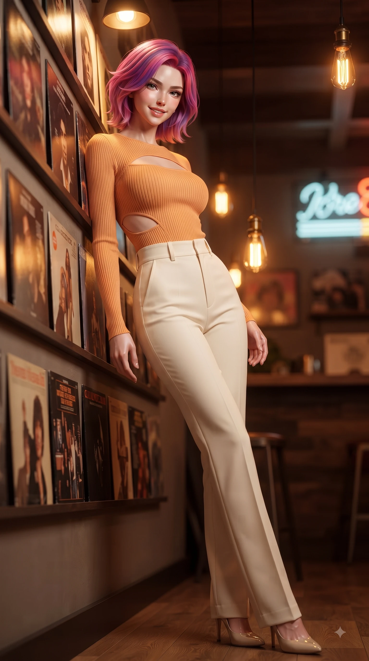 score_9, masterpiece, best quality, ultra-detailed, high-budget anime keyframe, editorial fashion photography, tasteful artistic composition, Caucasian woman. low angle full-body shot from head to toe showing her feet, filling the entire 9:16 vertical frame with her statuesque presence, stretching her vertical silhouette. pivoting dynamically with a fresh infectious smile, her ultra-slim waist creating a sweeping fluid curve while leaning against a wall lined with classic vinyl album covers under warm spotlights. The surrounding environment is rendered in vivid detail and crisp panoramic clarity. warm amber Edison bulb lamps, neon signage, and polished wood textures in deep focus. She has an absolutely perfect, statuesque 8.5-heads proportion, an exceptionally tall and slender model-like female figure with impossibly long slender legs and an ultra-slim waist. sharp v-shaped jawline, high-bridge nose, intricate jewel-like eyes with depth, thick eyelashes, glossy lips with a natural sheen, flawlessly proportioned anatomical accuracy, natural body alignment, perfectly sculpted elegant limbs, clean dynamic posture without body distortion. wearing a form-contouring ribbed knit top paired with high-waisted tailored stretch trousers in warm apricot orange and cream white, crafted from lightweight fluid chiffon, complemented by clean architectural cutouts along her slender torso, the elegant draped fit framing her graceful clavicle and slender torso. illuminated by cozy directional spotlights and rich mahogany reflections. ultra-reflective glossy finish, specular highlights, metallic sheen, high-contrast stereoscopic depth, volumetric dynamic lighting, 2k, ultra detail, master piece, 9:16 ratio