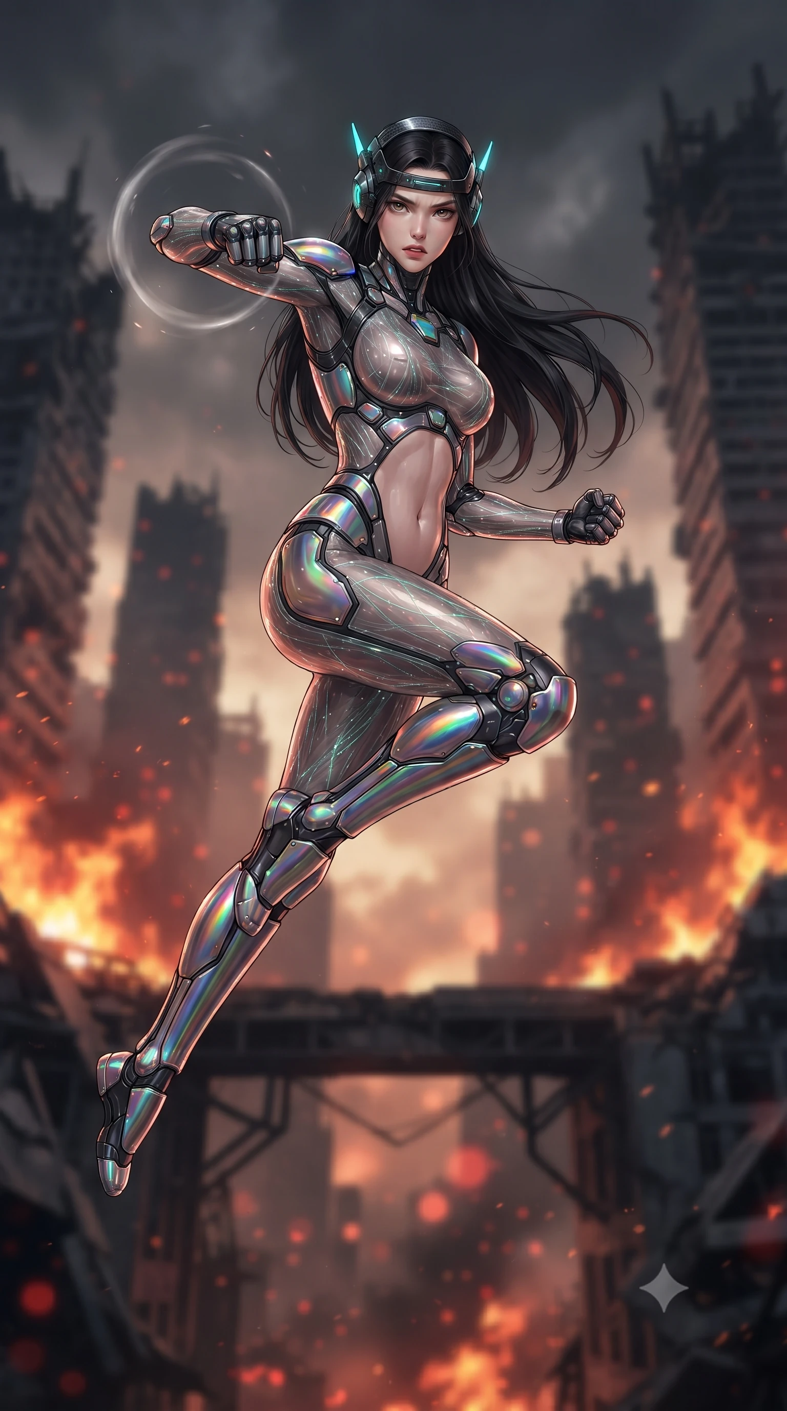 score_9, masterpiece, best quality, ultra-detailed, high-budget anime keyframe, editorial fashion photography, tasteful artistic composition, Korean woman. low angle full-body shot from head to toe showing her feet, filling the entire 9:16 vertical frame with her statuesque presence, stretching her vertical silhouette. leaping into mid-air with an athletic yet alluring arch of her spine, driving a downward kinetic strike surrounded by a ring of displaced air while leaping across a gaping structural chasm between ruined towers with flawless, fearless kinetic martial grace. The composition keeps background elements in soft focus with creamy bokeh. raging horizon fires and shattered skyscraper silhouettes blurred into dramatic charcoal, amber, and blood-crimson bokeh. She has an absolutely perfect, statuesque 8.5-heads proportion, an exceptionally tall and slender model-like female figure with impossibly long slender legs, a toned flat midriff, and an ultra-slim waist. sharp v-shaped jawline, high-bridge nose, intricate jewel-like eyes with depth, thick eyelashes, glossy lips with a natural sheen, fierce and resolute heroine expression, flawlessly proportioned anatomical accuracy, strict slender model proportions, natural body alignment, perfectly sculpted long slender limbs, ultra-slim waistline, clean dynamic posture without body distortion. wearing a lightweight carbon-fiber tactical sensory headpiece with glowing cyan ear-antennae and an ultra-thin forehead HUD brow-band, paired with an ultra-sleek high-gloss carbon-composite exoskeleton suit featuring kinetic shock-absorbing shin guards and flexible limb articulation joints in high-gloss iridescent rainbow carbon with scorched titanium plating, crafted from semi-translucent cybernetic carbon-vinyl interwoven with glowing micro-filaments, finished with high-mobility flexible armor articulation seams and miniature magnetic locks, the precision-cut daring openings accentuating her delicate midriff, graceful bare collarbones, and ultra-slim feminine waistline. surrounded by a majestic, solemn, and fiercely determined lone dystopian savior aura. ultra-reflective glossy finish, specular highlights, dark metallic sheen, high-contrast stereoscopic depth, volumetric dynamic lighting, 2k, ultra detail, master piece, 9:16 ratio