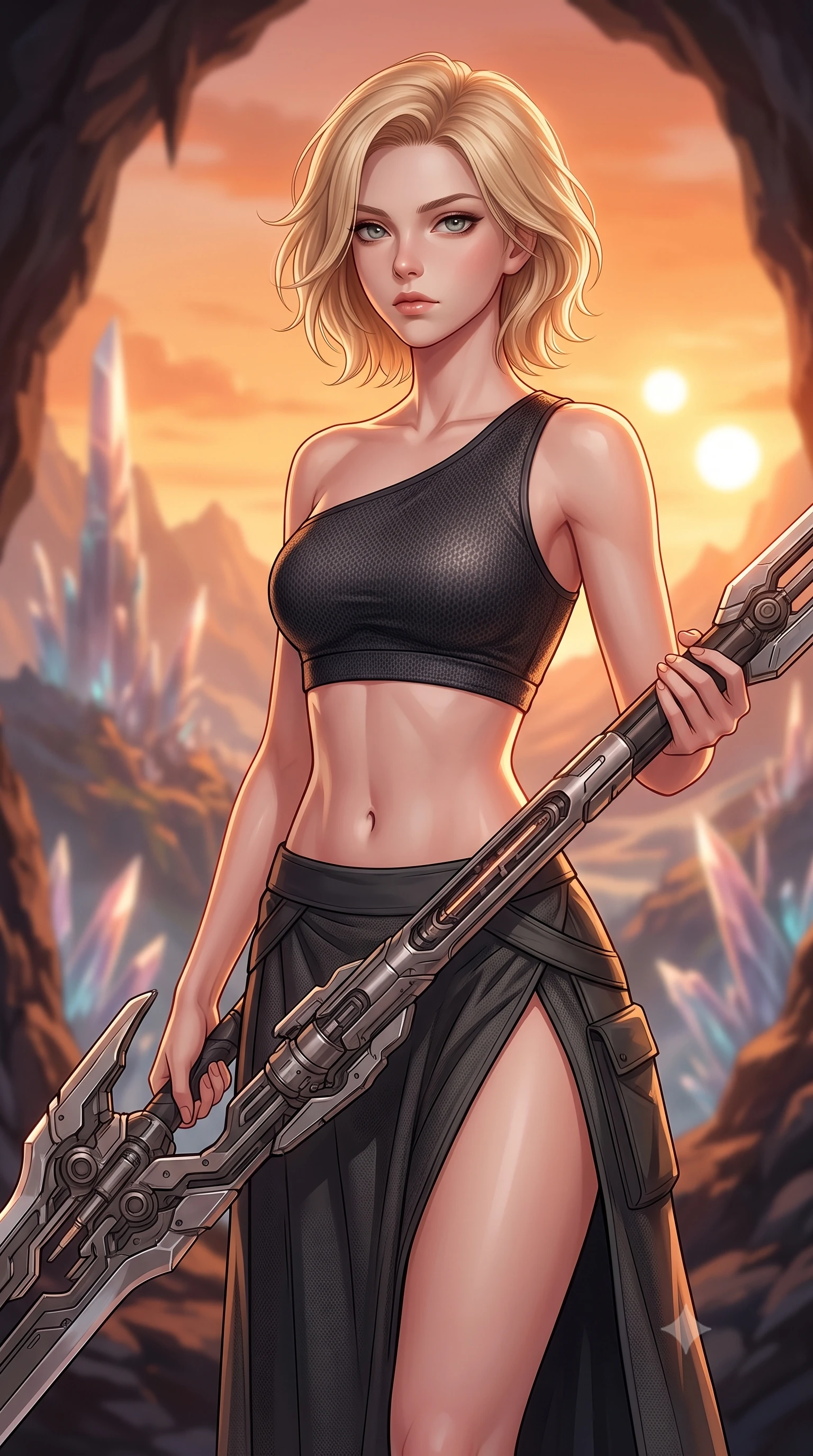 score_9, masterpiece, best quality, ultra-detailed, high-budget anime keyframe, editorial fashion photography, tasteful artistic composition, Caucasian woman. close-up cowboy shot from the waist and thighs up, the character dominates the composition, filling the frame with her large presence, background elements kept in soft focus. holding a deactivated nanotech glaive, looking past the camera with quiet, sharp focus and a composed expression, the background shows a soft-focus a crystal spires valley view from a high cavern opening in a mountain cliff. She has an exceptionally elegant, slender, and willowy female figure with an ultra-slim waist, a gracefully sculpted slender torso, and a refined silhouette. sharp v-shaped jawline, high-bridge nose, intricate jewel-like eyes with depth, thick eyelashes, glossy lips with a natural sheen. wearing a form-contouring asymmetric one-shoulder crop top in carbon knit, paired with a high-slit combat skirt. warm sunset light from a distant binary sun, casting a peaceful orange wash. highly saturated vibrant anime colors, detailed shading with soft gradients, rich glossy textures, high-contrast stereoscopic depth, volumetric dynamic lighting, master piece, 9:16 ratio