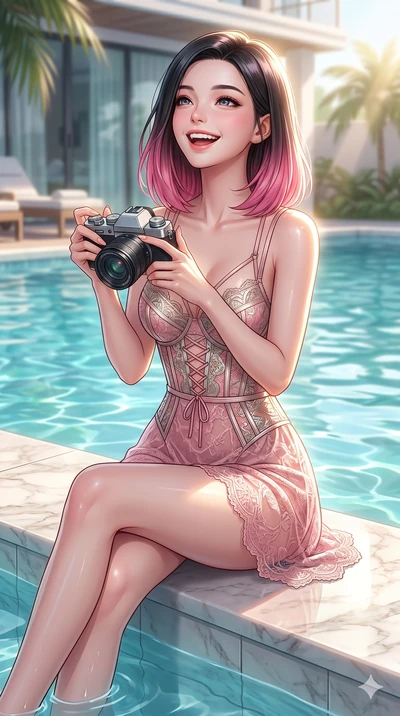 score_9, masterpiece, best quality, ultra-detailed, high-budget anime keyframe, vibrant anime aesthetic, Korean woman. cowboy shot from the thighs up, character and outfit filling the frame for maximum presence. She is holding a camera with a bright 