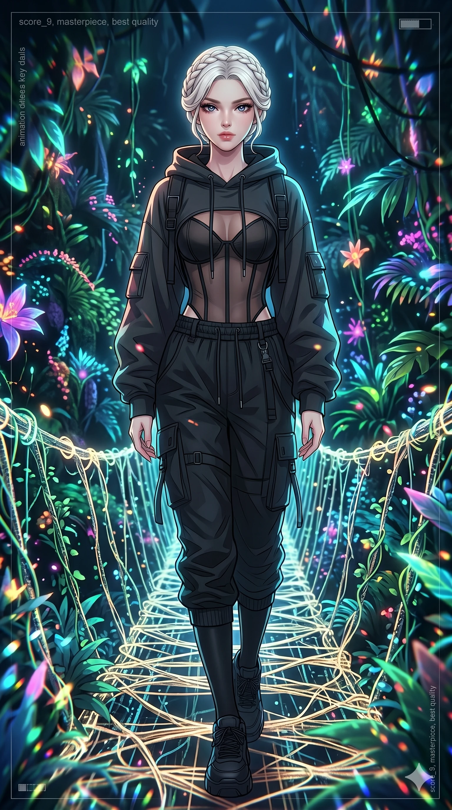 score_9, masterpiece, best quality, ultra-detailed, High-budget Anime Keyframe, vibrant colors, fluid line-art, expressive lighting, cinematic composition, Ufotable-style visual effects, top-tier animation quality, Korean woman with idol-like refined features. Upper body close-up from the thighs up, character filling the screen for maximum presence. Walking across a bridge made of woven light and digital vines. She has an absolutely perfect 8-heads proportion, an exceptionally tall and slender female figure with impossibly long slender legs and an ultra-slim waist, her statuesque height and towering silhouette dominating the vertical 9:16 frame. Her face is a masterpiece featuring a sharp v-shaped jawline, high-bridge nose, intricate jewel-like eyes with depth, thick eyelashes, and glossy lips with a natural sheen. She is wearing a Oversized designer hoodie worn as a dress, paired with technical cargo joggers, a sheer corset top, and platform sneakers with knee-high socks.. The scene is set in a bioluminescent jungle where every leaf and flower glows with a unique frequency. 2k, ultra detail, master piece, 9:16 ratio