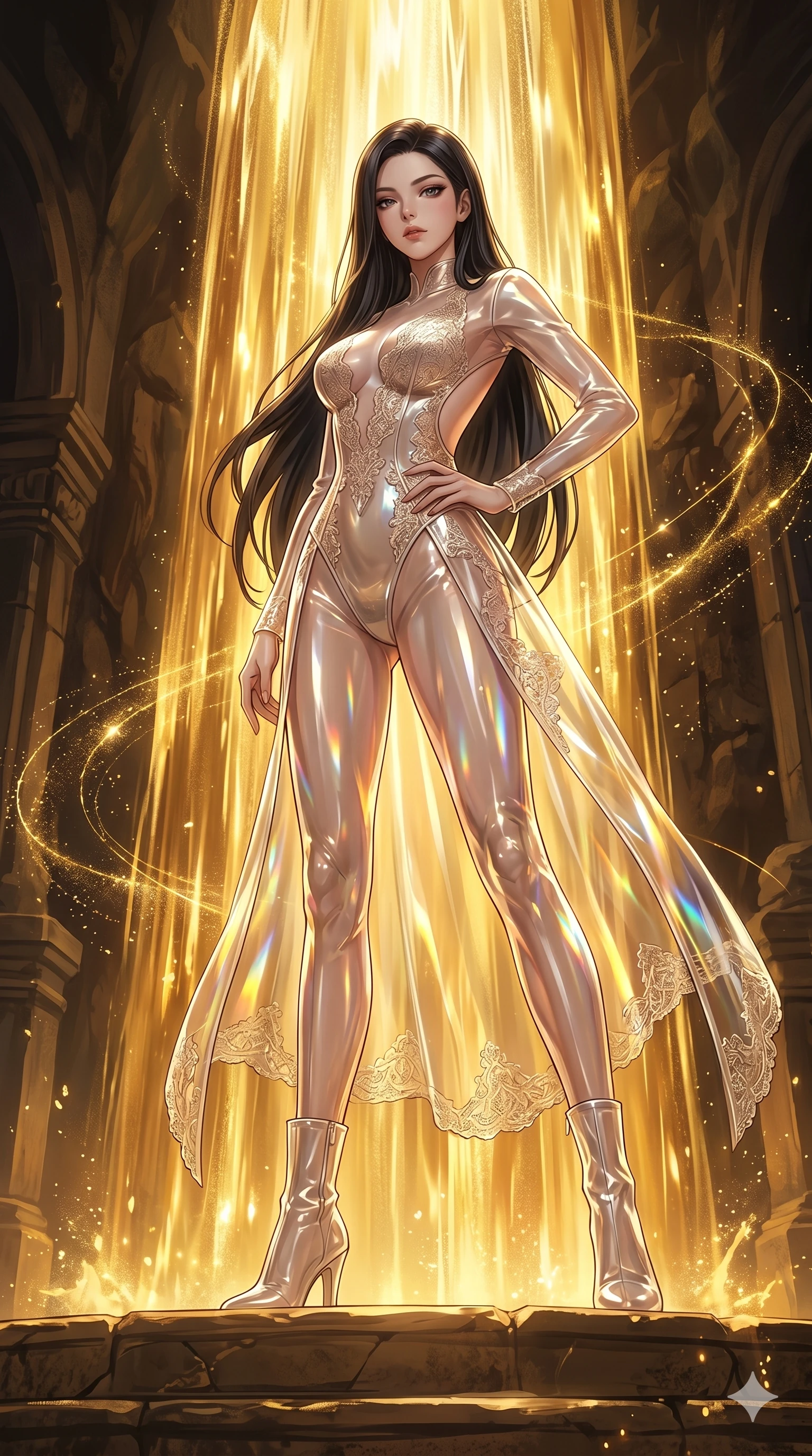 score_9, masterpiece, best quality, ultra-detailed, High-budget Anime Keyframe, East Asian woman. Low angle cowboy shot filling the entire 9:16 frame with her statuesque presence. Scenario 259: Standing under a waterfall of liquid gold, the artistic light reflections on her silhouette. Her presence is magnetic and overpowering in this high-budget anime scene. Outfit 259: A translucent PVC translucent with a graceful open-back couture and delicate lace embroidery. The clothing is designed to emphasize her exceptionally tall and slender 8-heads proportion. 8-heads proportion, towering silhouette, ultra-slim waist. sharp v-shaped jawline, intricate jewel-like eyes with depth, thick eyelashes, glossy lips. 2k, ultra detail, master piece, 9:16 ratio
