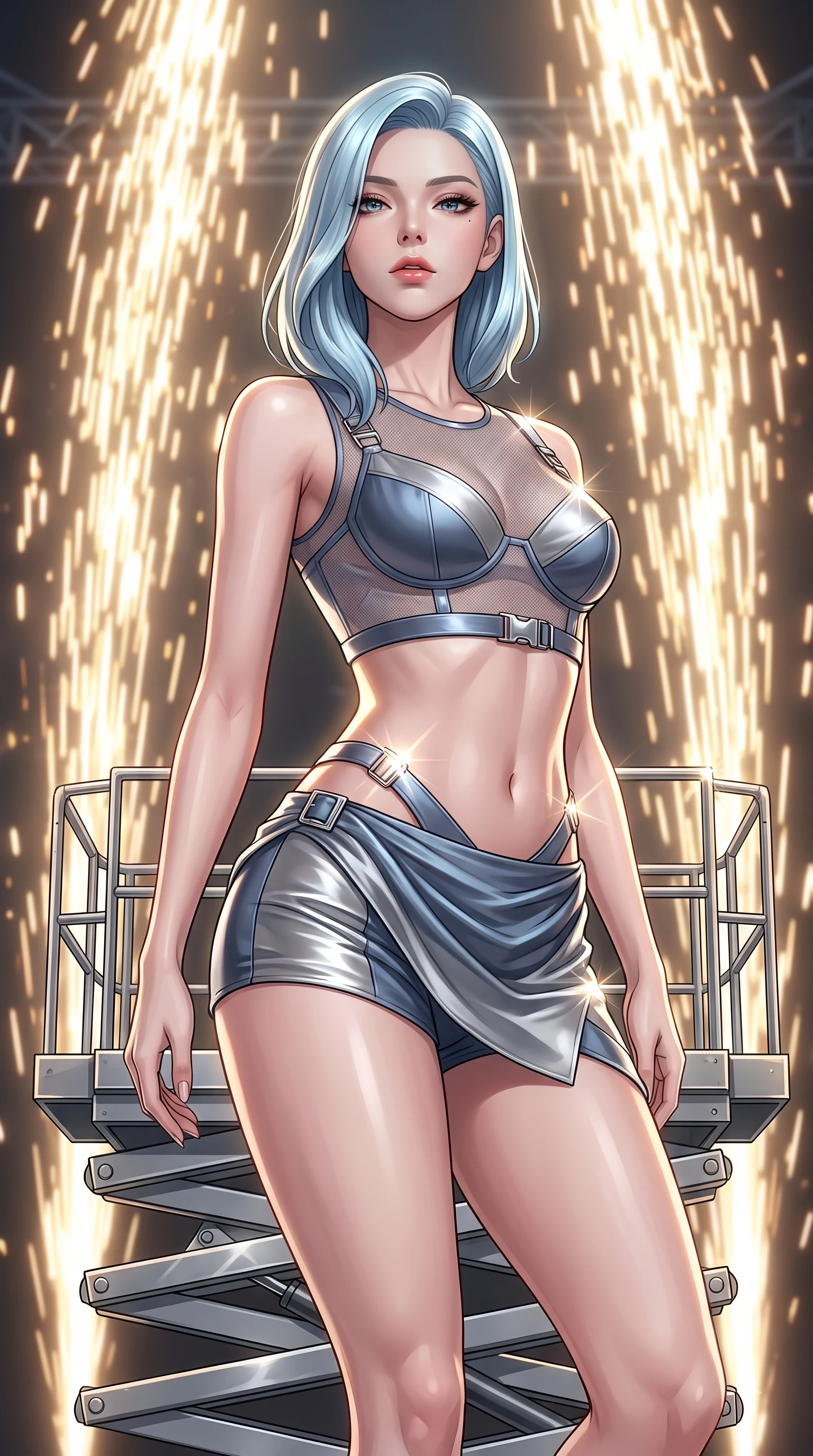 score_9, masterpiece, best quality, ultra-detailed, high-budget anime keyframe, editorial fashion photography, tasteful artistic composition, Korean woman. close-up cowboy shot from the waist and thighs up, the character dominates the composition, filling the frame with her large presence, background elements kept in soft focus. Tilting her chin up with composed magnetism as dramatic side lighting traces her sculpted waist and hip contour while poised on a hydraulic lift platform as golden pyrotechnic sparks rain down behind her, metallic harness accents and chrome buckles catching sharp specular sunbursts. She has an exceptionally elegant, slender, and willowy female figure with an ultra-slim waist, a gracefully sculpted slender torso, and a refined silhouette. sharp v-shaped jawline, high-bridge nose, intricate jewel-like eyes with depth, thick eyelashes, glossy lips with a natural sheen, flawlessly proportioned anatomical accuracy, natural body alignment, perfectly sculpted elegant limbs, clean dynamic posture without body distortion. wearing a delicate see-through mesh top with structured cup boning and micro-shorts in slate blue and metallic silver, crafted from lustrous satin jersey with fluid draping, featuring subtle geometric cutouts that highlight her ultra-slim midriff, the glove-like fit emphasizing her statuesque silhouette during motion. surrounded by an electric, high-energy performer aura with sharp shadows. highly saturated vibrant anime colors, detailed shading with soft gradients, rich glossy textures, high-contrast stereoscopic depth, volumetric dynamic lighting, master piece, 9:16 ratio