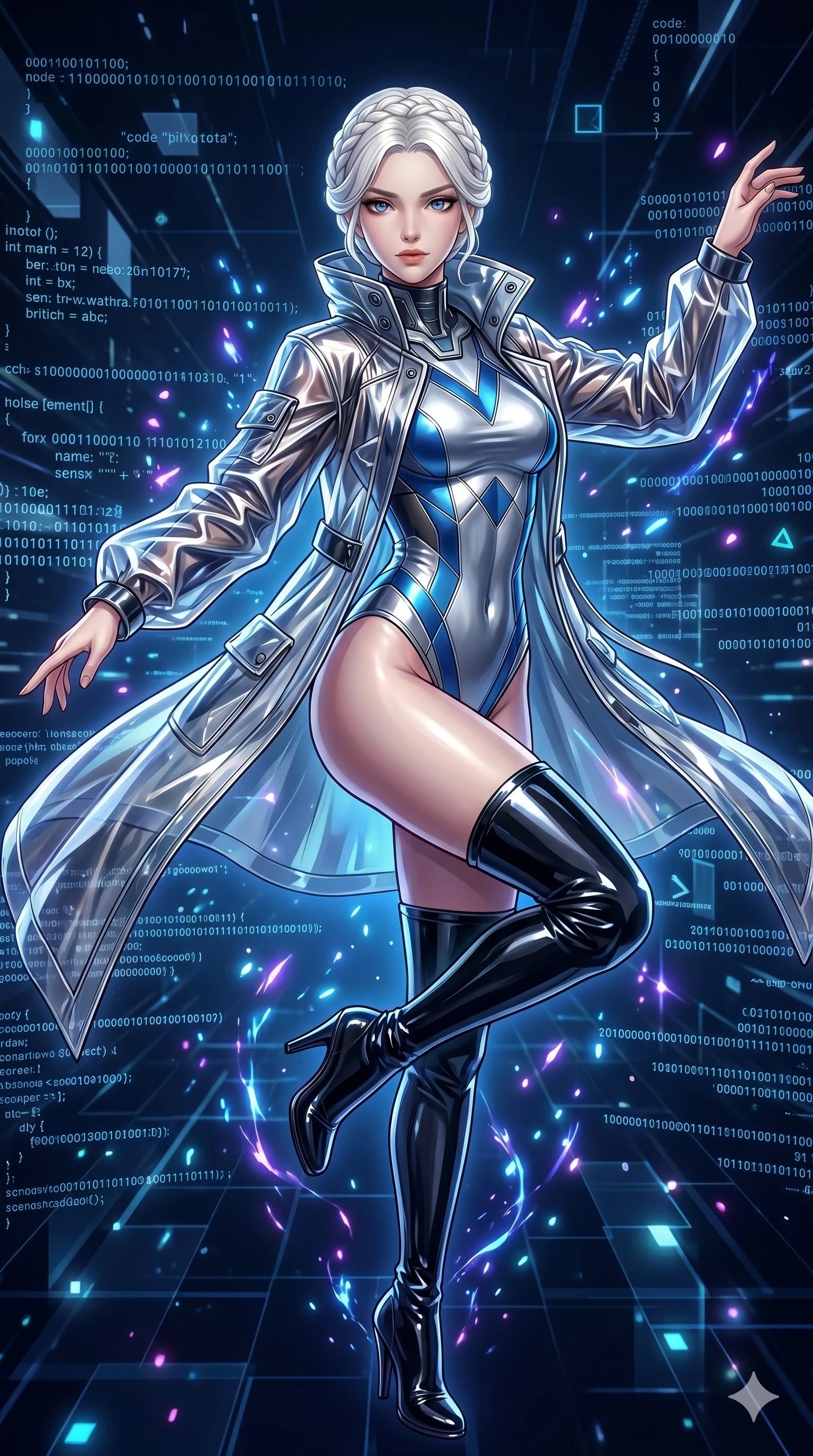 score_9, masterpiece, best quality, ultra-detailed, Set A: High-budget Anime Keyframe, Caucasian (strictly human ears) woman. Upper body close-up from the thighs up, character filling the screen for maximum presence. Dancing through a virtual reality void, while a digital blizzard of 259 bits obscures the horizon and surrounded by glowing energy sparks. She has an well-proportioned figure, an tall and elegant figure with elegant legs and an graceful posture. Sharp v-shaped jawline, high-bridge nose, intricate jewel-like eyes with depth, thick eyelashes, glossy lips with a natural sheen. Wearing Glossy material raincoat over a metallic swimwear and thigh-high patent boots. Cinematic lighting, vibrant colors, dramatic shadows, 2k, ultra detail, master piece, 9:16 ratio