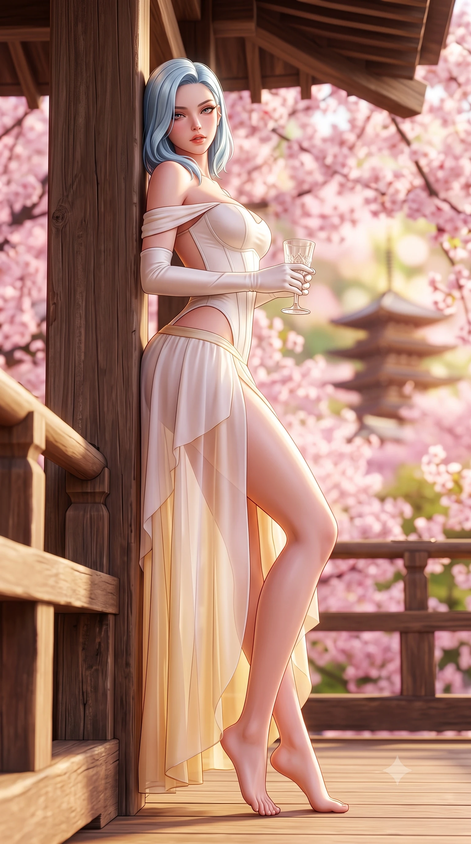 score_9, masterpiece, best quality, ultra-detailed, high-budget anime keyframe, semi-realistic 3D game render, editorial fashion photography, tasteful artistic composition, Korean woman. low angle full-body shot from head to toe showing her feet, filling the entire 9:16 vertical frame with her statuesque presence, stretching her vertical silhouette. leaning deep against the structural architecture with hips cocked in an unapologetically bold, seductive high-fashion stance while standing on the monumental 13-meter high cantilevered timber stage, arching her back as a vast sea of blooming pink cherry blossoms billows below. The composition keeps background elements in soft focus with creamy bokeh. endless canopy of blooming pink sakura cherry blossoms and distant Kyoto pagoda spires blurred into soft rose-pink, gold, and spring-green bokeh. She has an exceptionally tall and slender model-like 8.5-heads proportion, an ultra-slim waist, a flat toned midriff, narrow delicate ribcage, and beautifully sculpted feminine hips creating a graceful, slim hourglass silhouette without any bulky heaviness, with impossibly long slender legs. sharp v-shaped jawline, high-bridge nose, intricate jewel-like eyes with depth, thick eyelashes, glossy parted lips with a natural sheen, intensely captivating and seductive bedroom-eyes expression, flawlessly proportioned anatomical accuracy, strict slender model proportions, natural body alignment, perfectly sculpted long slender limbs, ultra-slim waistline, clean dynamic posture without body distortion. wearing an off-shoulder French court corset bodice dress paired with a tiered translucent chiffon slit skirt in pure alabaster white and sun-kissed gold, tailored from liquid silk jersey adhering flawlessly to her slender build, accessorized with opera-length satin gloves and a vintage crystal glass, the precision-cut side openings and low-back scoop framing her graceful spine and the sensual sweep of her slim, toned hips. illuminated by warm wooden deck bounce light sculpting her razor-sharp jawline, narrow waist, and curvy hips. highly saturated vibrant anime colors, detailed shading with soft gradients, rich glossy textures, high-contrast stereoscopic depth, volumetric dynamic lighting, master piece, 9:16 ratio