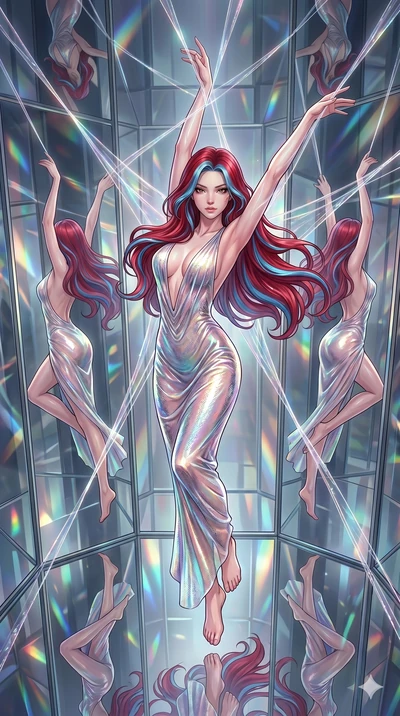 score_9, masterpiece, best quality, ultra-detailed, High-budget Anime Keyframe, East Asian woman. Dynamic full-body shot stretching the vertical silhouette to the limit. Scenario 256: Suspended by invisible silk threads in a hall of mirrors. Her pres