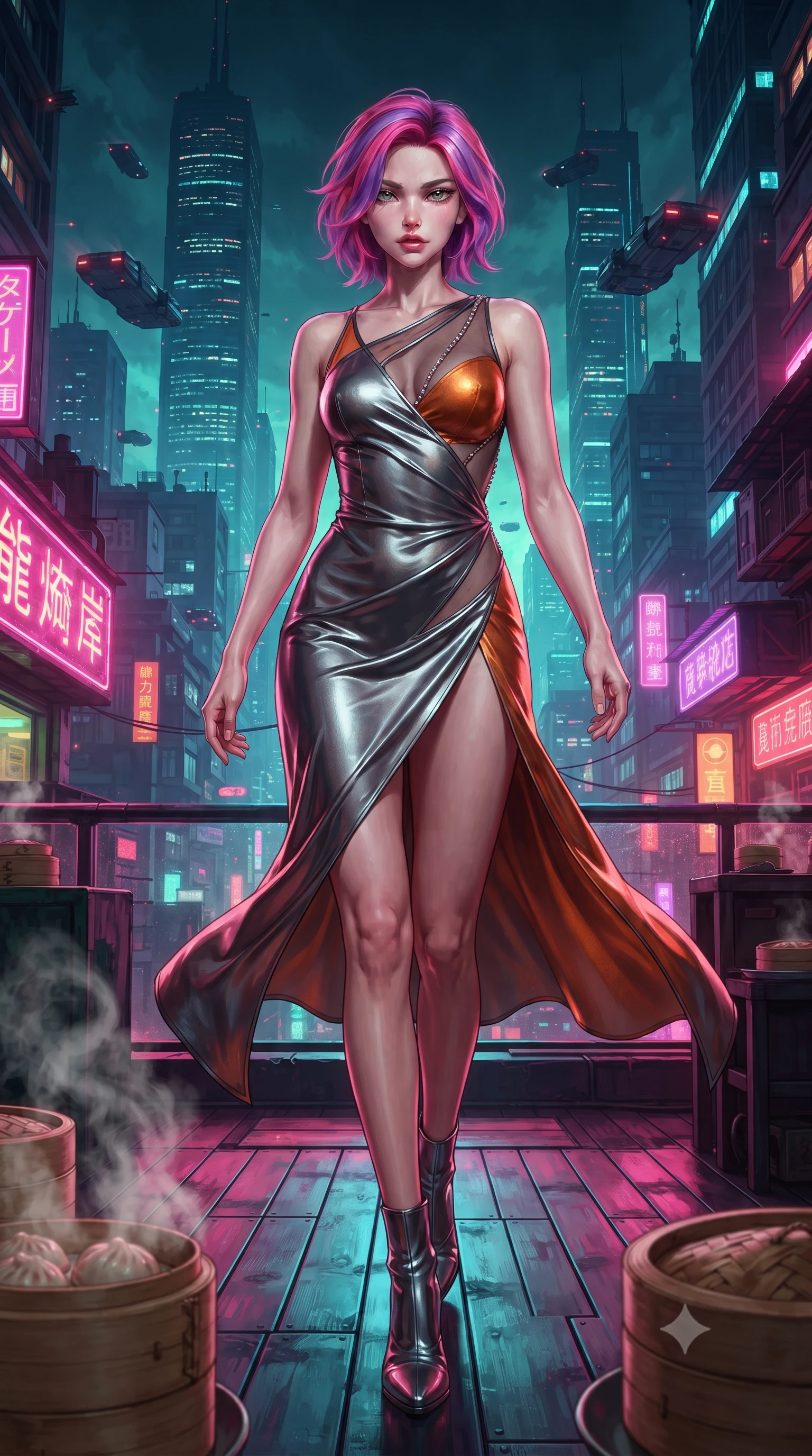 score_9, masterpiece, best quality, ultra-detailed, high-budget anime keyframe, editorial fashion photography, tasteful artistic composition, Caucasian woman. low angle full-body shot from head to toe showing her feet, filling the entire 9:16 vertical frame with her statuesque presence, stretching her vertical silhouette. striding forward in a proud supermodel runway stride, hips swaying in an alluring kinetic rhythm that accentuates her curvy hourglass silhouette while striding across the neon-drenched rooftop deck as steam curls from dim sum bamboo steamers, her high-slit dress fluttering to reveal her long slender legs. The surrounding environment is rendered in vivid detail and crisp panoramic clarity. intense Wong Kar-wai inspired neo-noir chiaroscuro and atmospheric cyberpunk metropolis aesthetics in precision. She has an absolutely perfect, statuesque 8.5-heads proportion, an exceptionally tall and slender model-like female figure with impossibly long slender legs, a toned flat midriff, an ultra-slim waist, and beautifully sculpted feminine hips. sharp v-shaped jawline, high-bridge nose, intricate jewel-like eyes with depth, thick eyelashes, glossy parted lips with a natural sheen, intensely captivating and seductive bedroom-eyes expression, flawlessly proportioned anatomical accuracy, strict slender model proportions, natural body alignment, perfectly sculpted long slender limbs, ultra-slim waistline, clean dynamic posture without body distortion. wearing a form-contouring wet-look silk wrap dress with asymmetrical sheer mesh cutouts in metallic gunmetal and laser orange, crafted from flexible reflective spandex and tactical webbing, accented with a glittering dragon back chain tracing her bare spine down to her hip line, the liquid-tight tailored fabric clinging flawlessly to her narrow waist and rounded feminine hips, emphasizing every millimeter of her sculpted hourglass curves during movement. surrounded by an enigmatic, sultry, and breathtakingly hypnotic cyber-femme fatale aura. ultra-reflective glossy finish, specular highlights, rich textural contrasts, high-contrast stereoscopic depth, volumetric dynamic lighting, 2k, ultra detail, master piece, 9:16 ratio