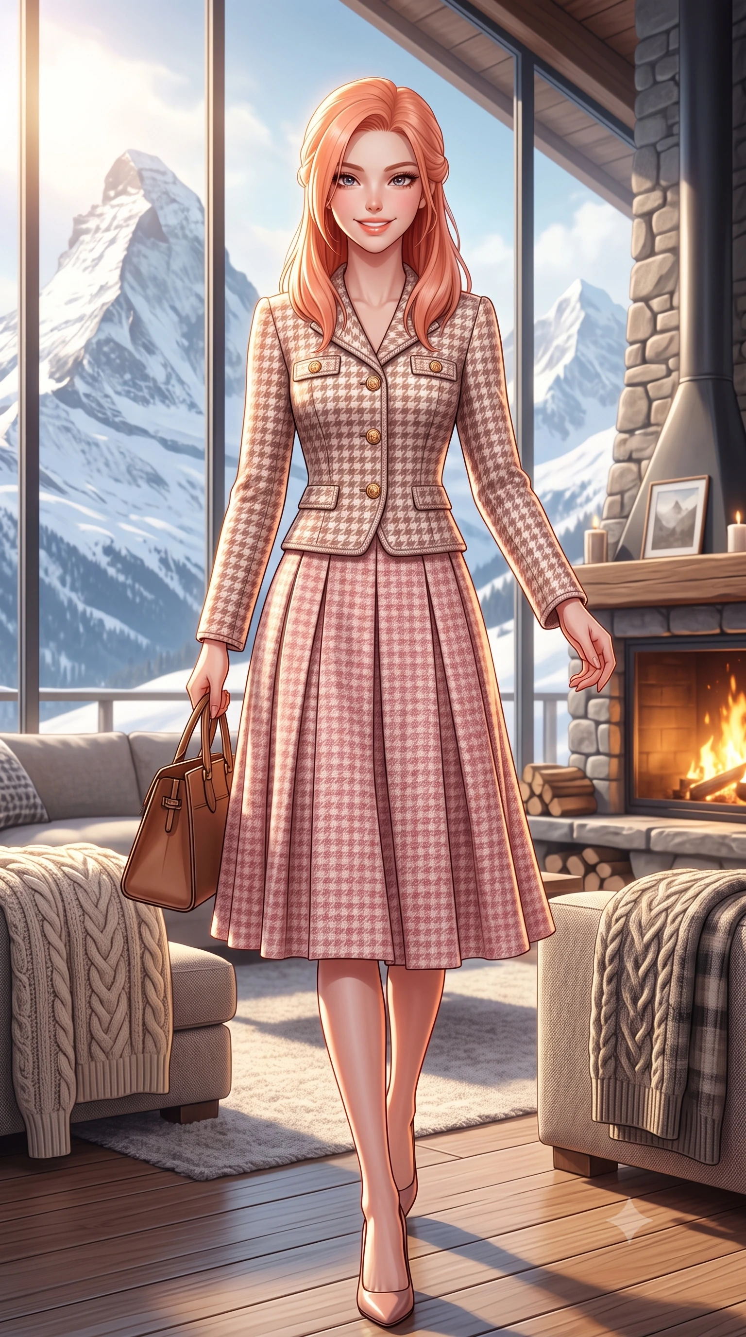 score_9, masterpiece, best quality, ultra-detailed, high-budget anime keyframe, semi-realistic 3D game render, editorial fashion photography, tasteful artistic composition, Japanese woman. low angle full-body shot from head to toe showing her feet, filling the entire 9:16 vertical frame with her statuesque presence, stretching her vertical silhouette. walking briskly with tall supermodel strides, one hand holding her leather bag and the other swinging with energetic charm while standing poised beside the monumental floor-to-ceiling glass wall framing snow-capped Alpine peaks, smiling radiantly at the viewer. The surrounding environment is rendered in vivid detail and crisp panoramic clarity: detailed chunky fisherman cable-knit sweater texture, brushed wool flannel slacks, and alpine lodge architecture in razor-sharp precision. She has an exceptionally tall and slender model-like 8.5-heads proportion, an ultra-slim waist, a flat toned midriff, narrow delicate ribcage, and beautifully sculpted feminine hips creating a graceful, slim hourglass silhouette without any bulky heaviness, with impossibly long slender legs. sharp v-shaped jawline, high-bridge nose, intricate jewel-like sparkling eyes with depth, thick eyelashes, glossy parted lips with a natural peach sheen, bright cheerful beaming smile with an enchanting and coquettish sensual glint, exuding both youthful cute charm and seductive allure, flawlessly proportioned anatomical accuracy, strict slender model proportions, natural body alignment, perfectly sculpted long slender limbs, ultra-slim waistline, clean dynamic posture without body distortion. wearing a structured houndstooth tweed jacket with gold embossed buttons and a matching pleated A-line midi skirt in Parisian pastel rose bouclé and cream pearl, tailored from heavyweight double-faced wool with clean architectural edges, featuring delicate tonal horn buttons and meticulous hand-stitched pick-lapel borders, the precision-cut high-waisted tailoring accentuating her ultra-slim waist and long slender leg line with immaculate aristocratic poise. bathed in the dramatic high-altitude Swiss mountain sunlight streaming through panoramic windows mixed with golden hearth firelight. highly saturated vibrant anime colors, detailed shading with soft gradients, rich glossy textures, high-contrast stereoscopic depth, volumetric dynamic lighting, master piece, 9:16 ratio