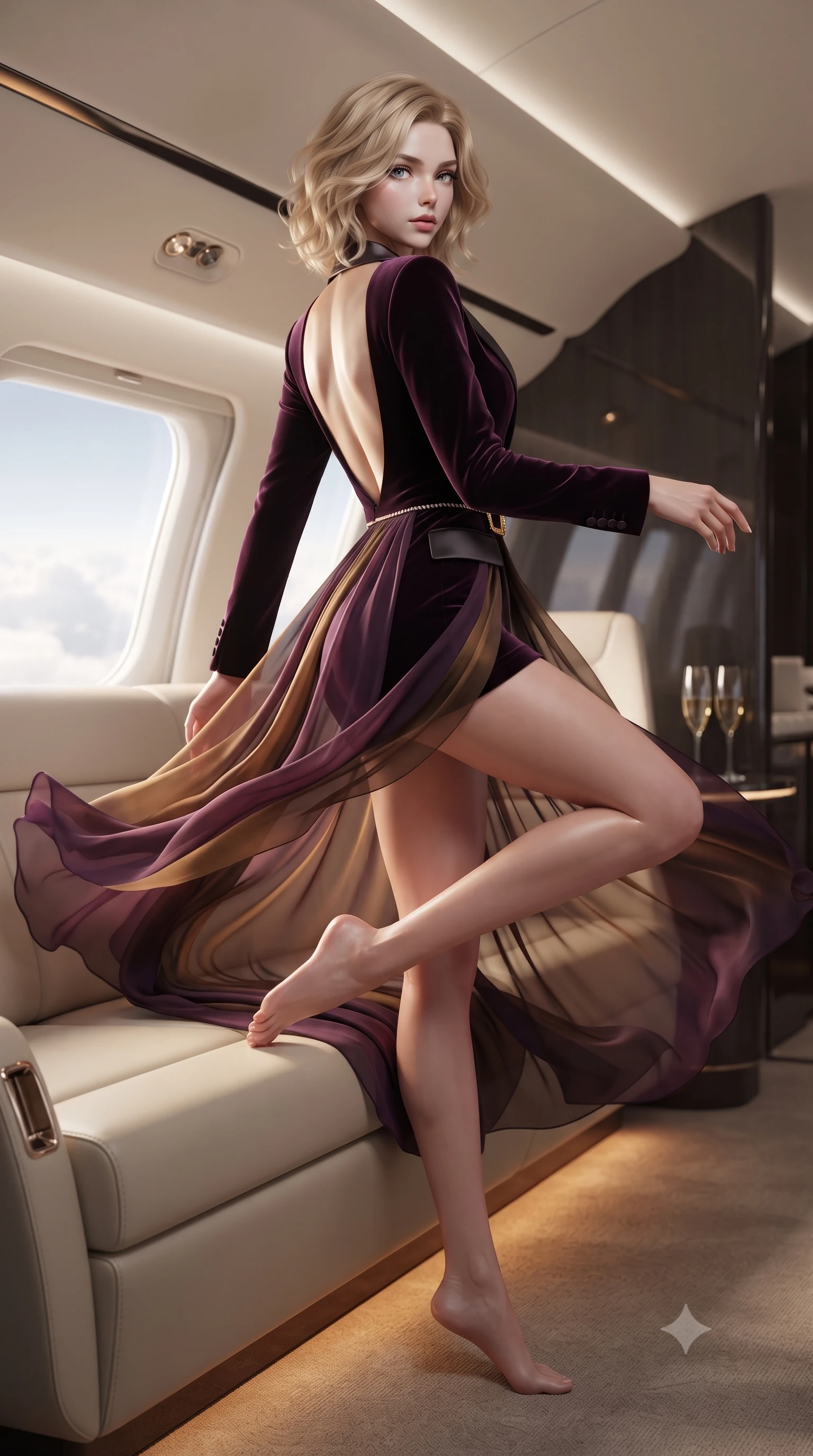 score_9, masterpiece, best quality, ultra-detailed, high-budget anime keyframe, editorial fashion photography, tasteful artistic composition, Caucasian woman. low angle full-body shot from head to toe showing her feet, filling the entire 9:16 vertical frame with her statuesque presence, stretching her vertical silhouette. executing an elegant mid-motion pivot turn as garments swirl around her slender limbs, glancing over her shoulder with an intoxicating bedroom-gaze while reclining across the private sky-lounge sunbed, one slender leg extended to accentuate her willowy yet curvy silhouette above the cloud horizon. The composition keeps background elements in soft focus with creamy bokeh. sleek aerodynamic cabin bulkheads and champagne flutes softened in luxurious shallow focus. She has an exceptionally tall and slender model-like 8.5-heads proportion, an ultra-slim waist, a flat toned midriff, narrow delicate ribcage, and beautifully sculpted feminine hips creating a graceful, slim hourglass silhouette without any bulky heaviness, with impossibly long slender legs. sharp v-shaped jawline, high-bridge nose, intricate jewel-like eyes with depth, thick eyelashes, glossy parted lips with a natural sheen, intensely captivating and seductive bedroom-eyes expression, flawlessly proportioned anatomical accuracy, strict slender model proportions, natural body alignment, perfectly sculpted long slender limbs, ultra-slim waistline, clean dynamic posture without body distortion. wearing a tailored velvet tuxedo jacket dress with satin lapels, worn with a deep plunge neckline and gold hip buckle in deep plum violet and antique bronze, woven from layered gossamer chiffon with a weightless sweeping drape, accented with a dainty diamond waist chain catching the ambient light reflections, the dramatically scooped open back descending to the base of her spine, accentuating her razor-sharp statuesque lines and slim hourglass silhouette. illuminated by warm amber floor mood lights sharply defining her sculpted collarbones, flat midriff, and rounded hips. ultra-reflective glossy finish, specular highlights, rich textural contrasts, high-contrast stereoscopic depth, volumetric dynamic lighting, 2k, ultra detail, master piece, 9:16 ratio